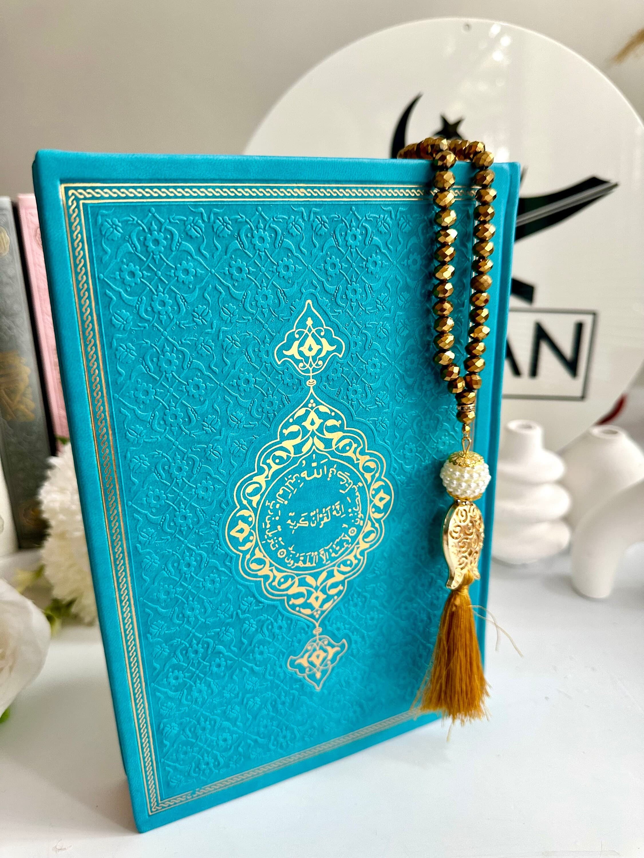 Large Blue Arabic Quran, Ramadan Quran Gift for Muslim Friend, Ramadan Gift, Islamic Eid Gift, Arabic Leather Quran, Prayer Rug, Tasbih