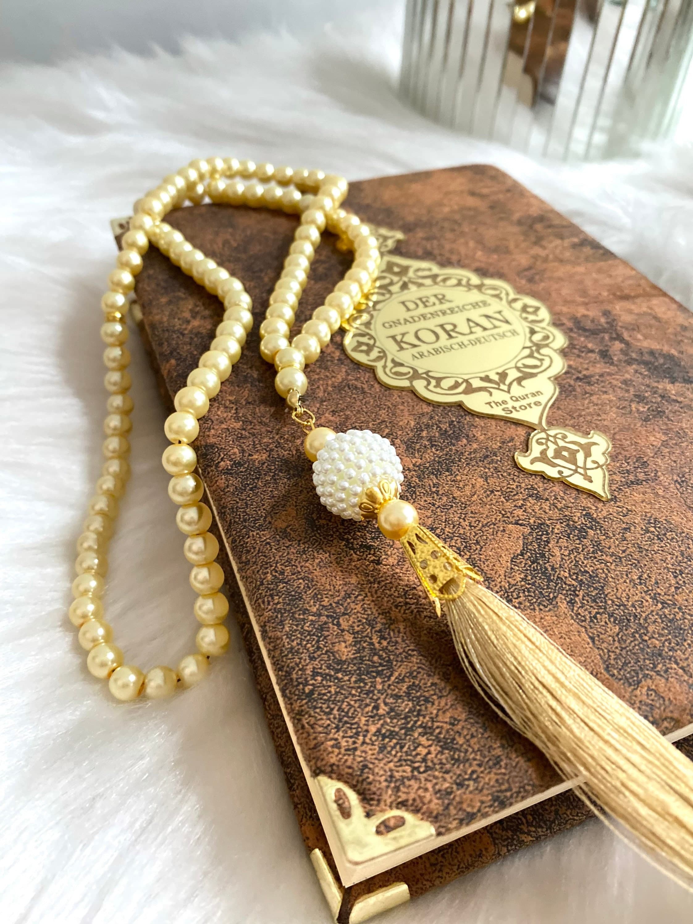 Gold German Quran, Ramadan Eid Gift, Deutch Velvet Mirror Gold Quran Set and Pearl Tasbih, German Translation Quran, DhikrBeads, Quran Gift