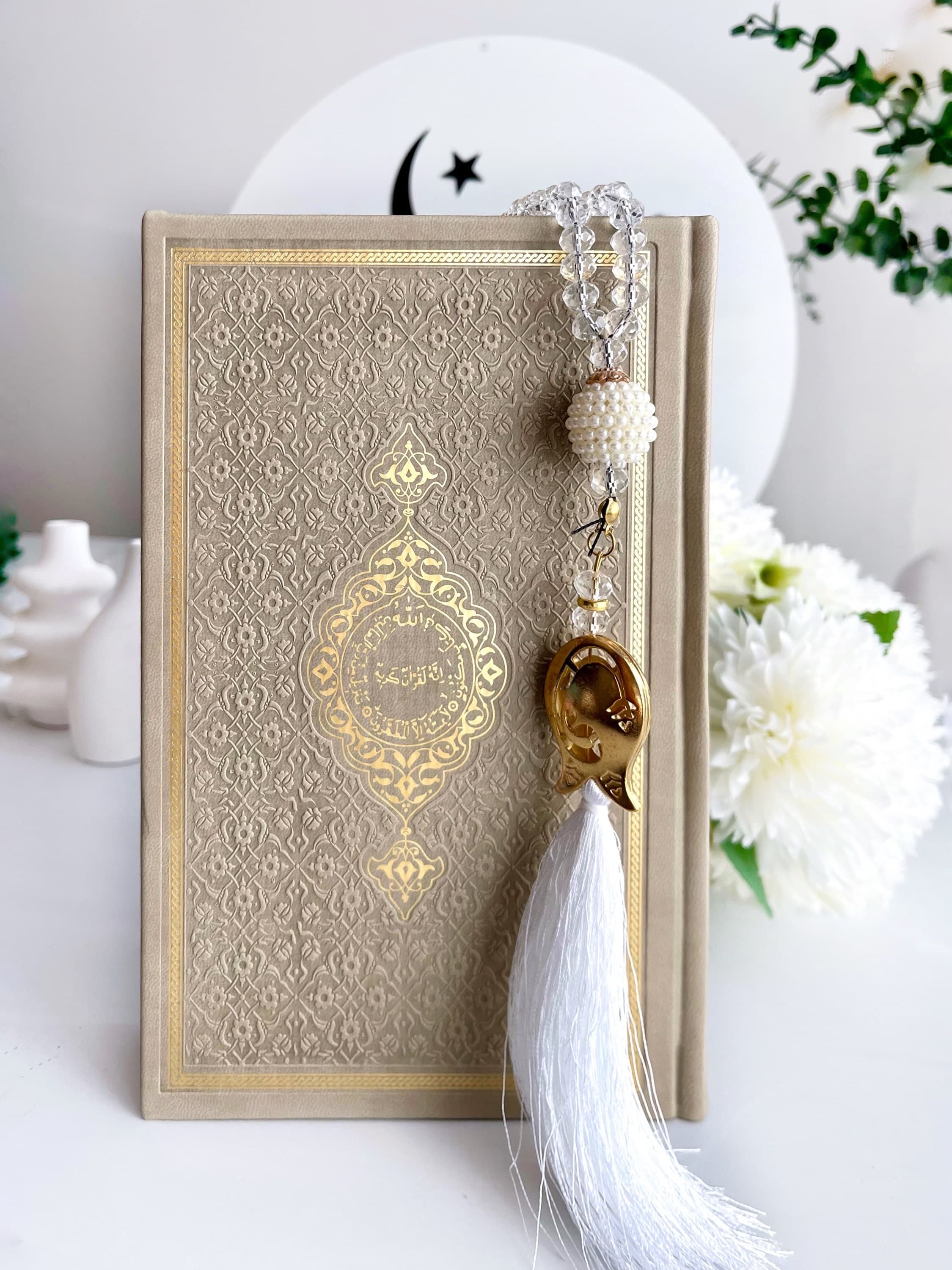 Medium Beige Arabic Quran, Special Quran Gift Set, Ramadan Gift, Islamic Eid Gift, Arabic Thermo Leather Quran, Prayer Rug, Crystal Tasbih