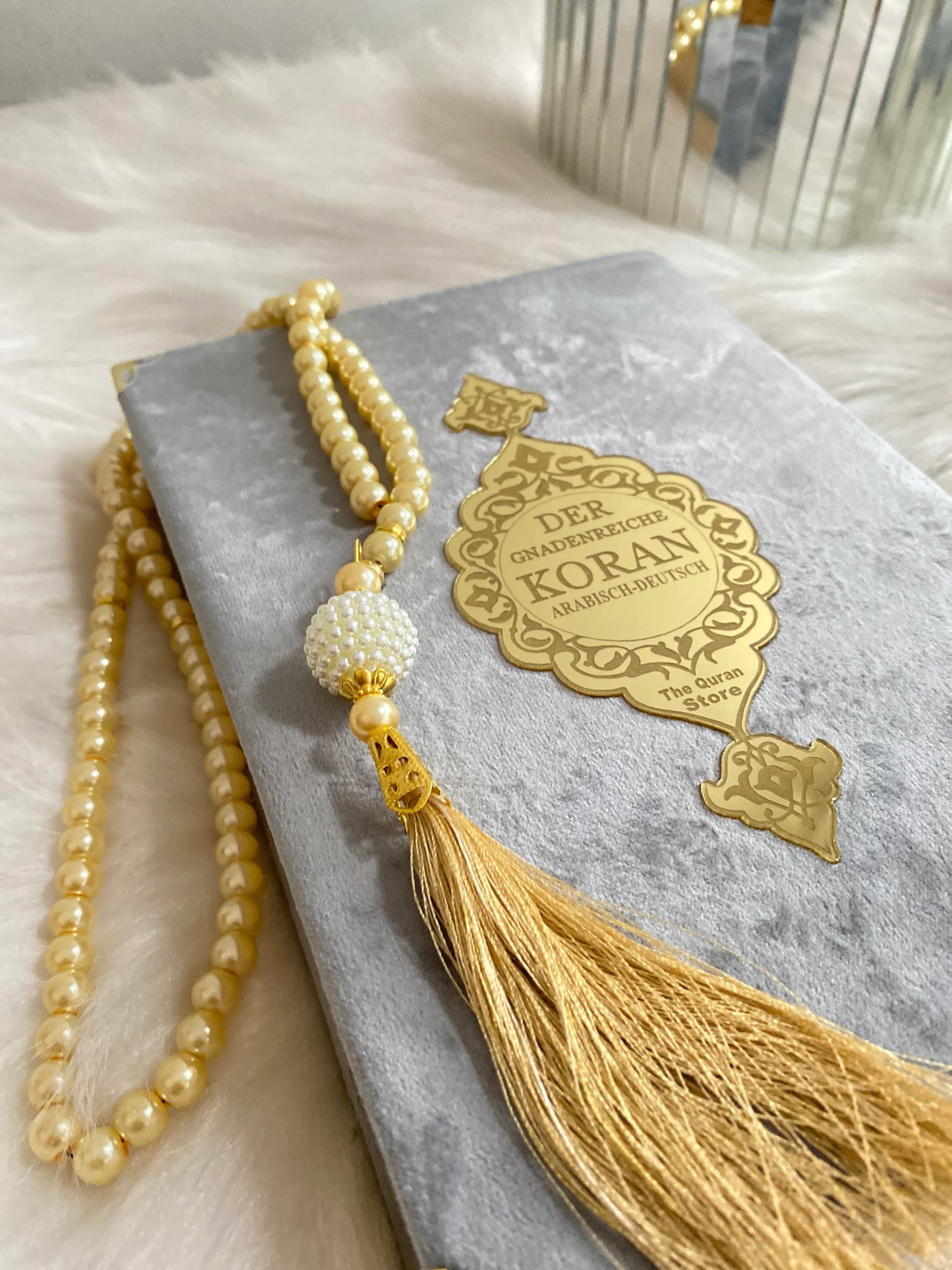 Silver German Quran, Ramadan Gift, Ramadan Kareem, Deutch Velvet Quran Set and Prayer Beads, German Translation, Misbaha Gift, Quran Gift - image 4