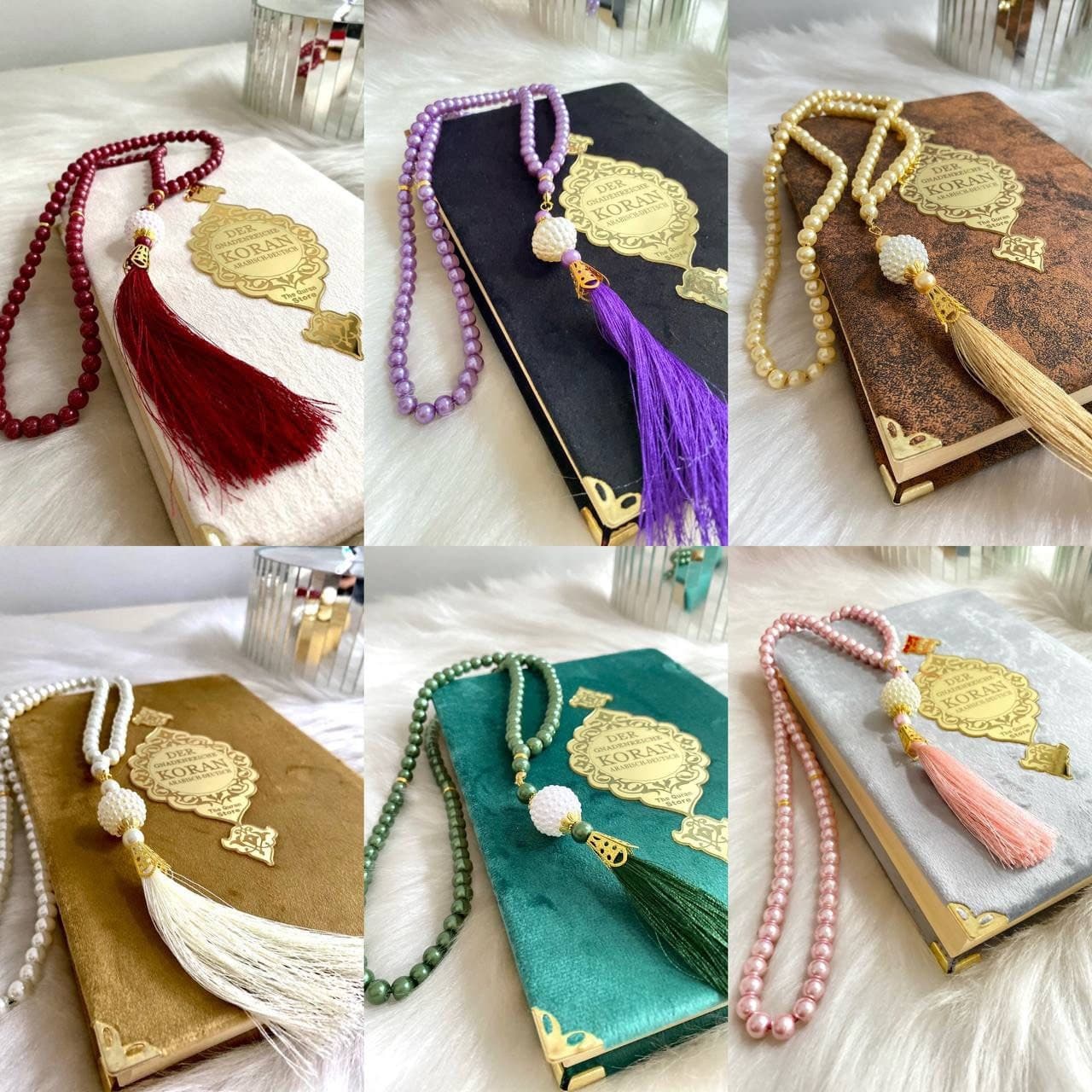 German Quran, Islamic Eid Gift, Deutch Velvet Mirrored Gold Quran Set and Pearl Tasbih, German Translation Quran, Dhikr Beads, Quran Gift