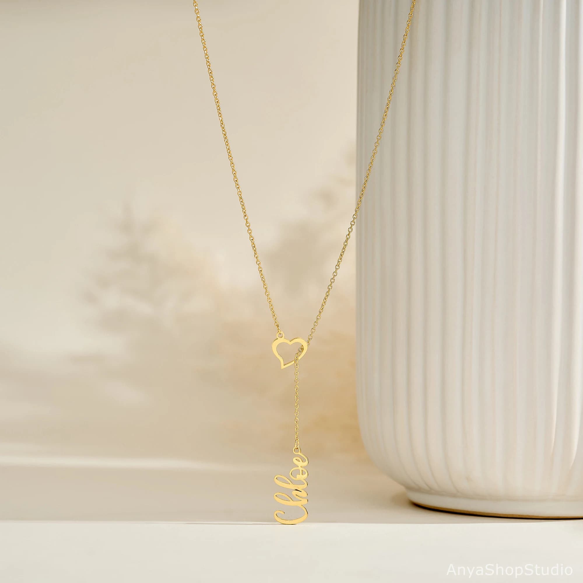 Custom Heart & Name Lariat Necklace, Gold Y Necklace, Lariat Name Drop Necklace, Open Heart Name Necklace, Y Necklace, Valentines Day Gift - image 4