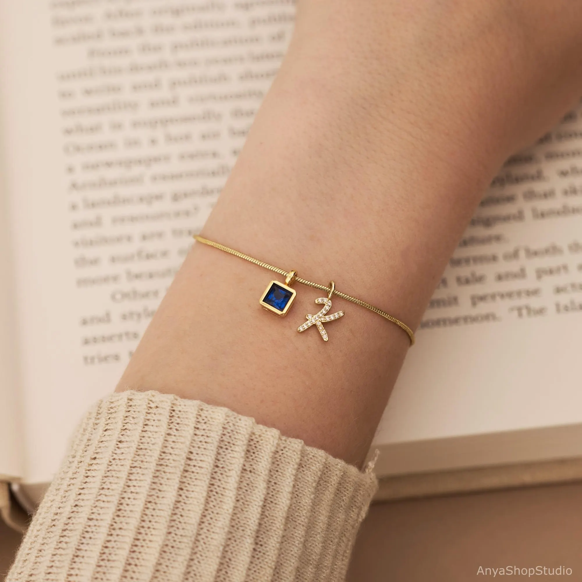 Custom Pave Diamond Initial with Birthstones Bracelet, Dainty Personalized Bracelet, Letter Bracelet, Birthday Gift for Her, Christmas Gifts