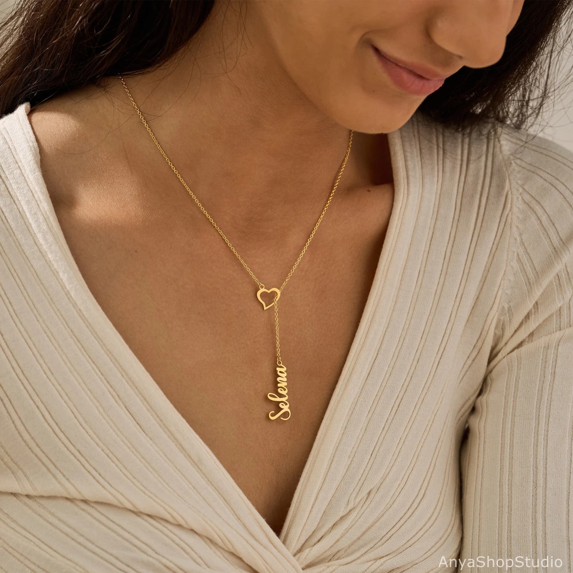 Custom Heart & Name Lariat Necklace, Gold Y Necklace, Lariat Name Drop Necklace, Open Heart Name Necklace, Y Necklace, Valentines Day Gift - image 3
