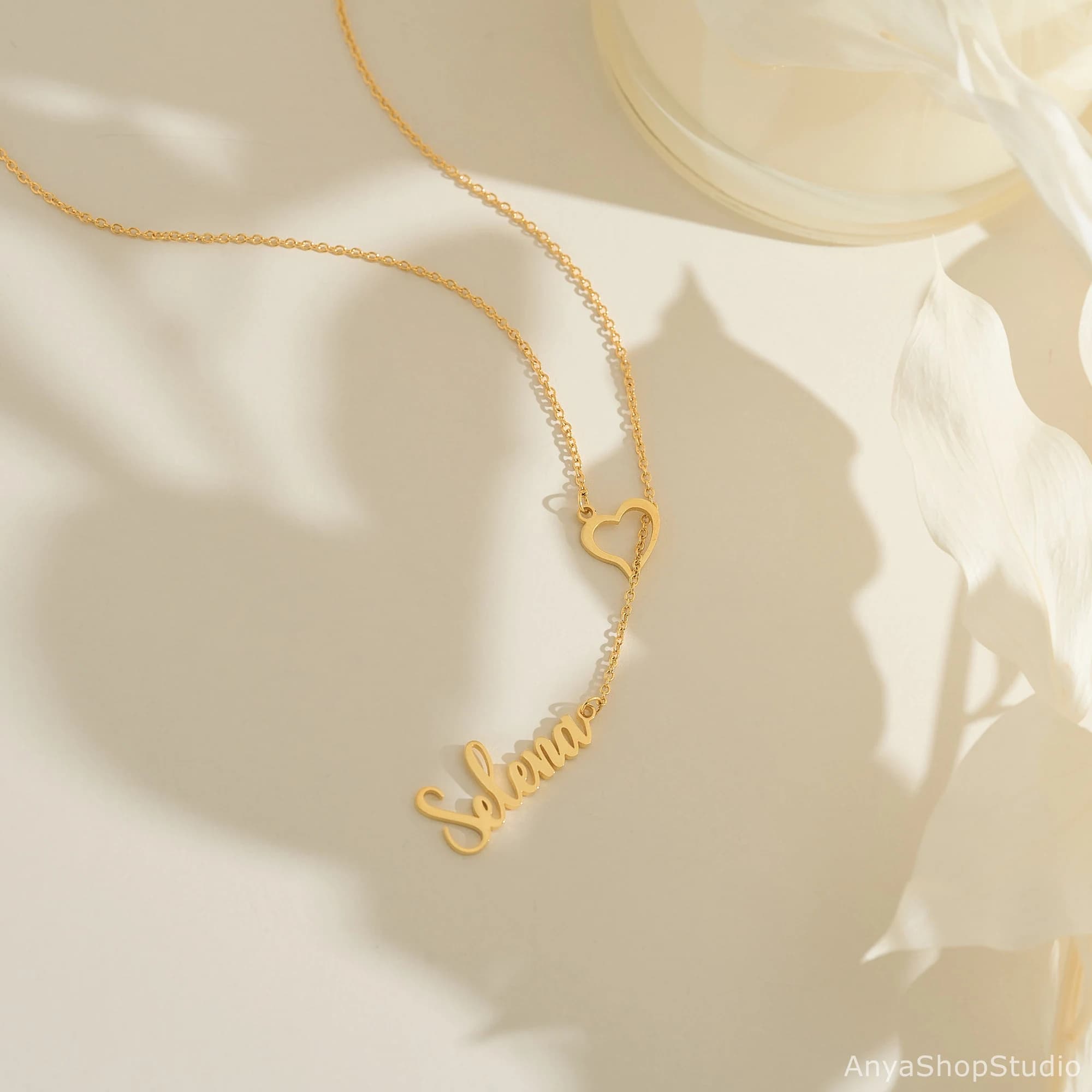 Custom Heart & Name Lariat Necklace, Gold Y Necklace, Lariat Name Drop Necklace, Open Heart Name Necklace, Y Necklace, Valentines Day Gift - image 5