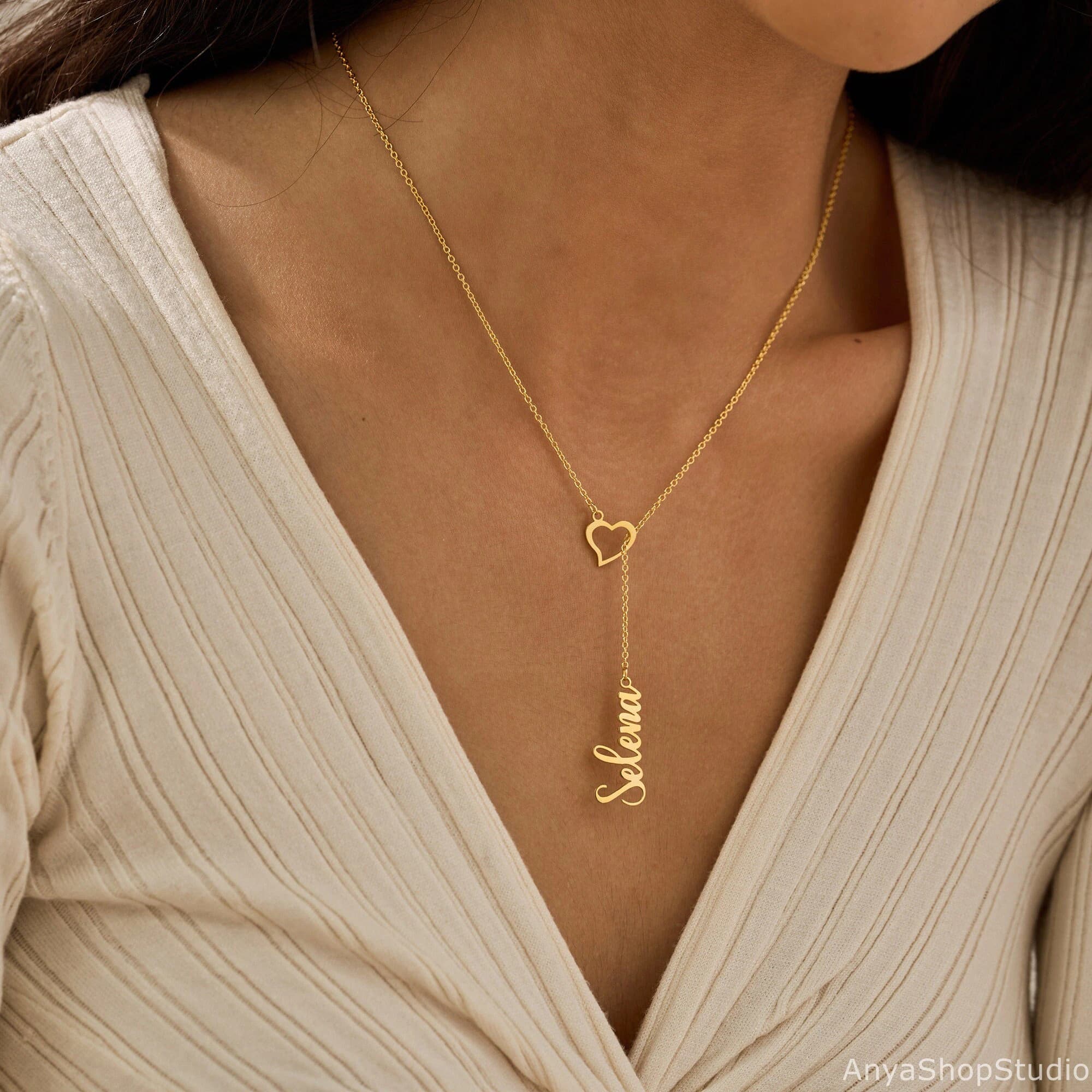 Custom Heart & Name Lariat Necklace, Gold Y Necklace, Lariat Name Drop Necklace, Open Heart Name Necklace, Y Necklace, Valentines Day Gift