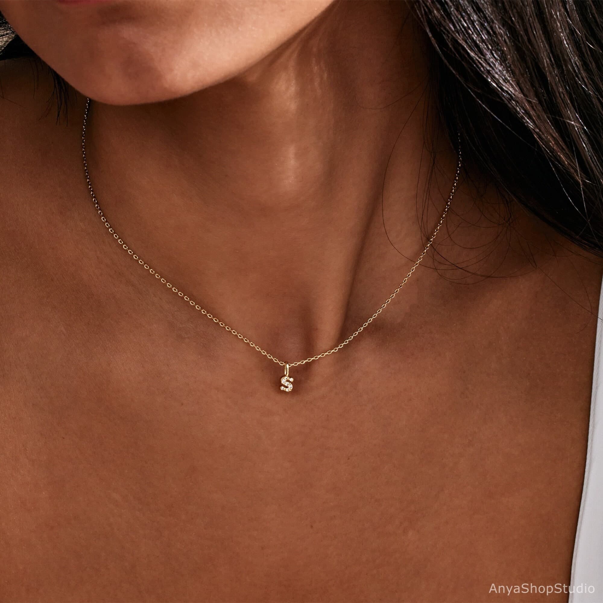Minimalist Diamond Initial Necklace, Custom Letter Necklace in Gold, Pave Initial Necklace, Personalized Jewelry, Bridesmaid Gift for Her