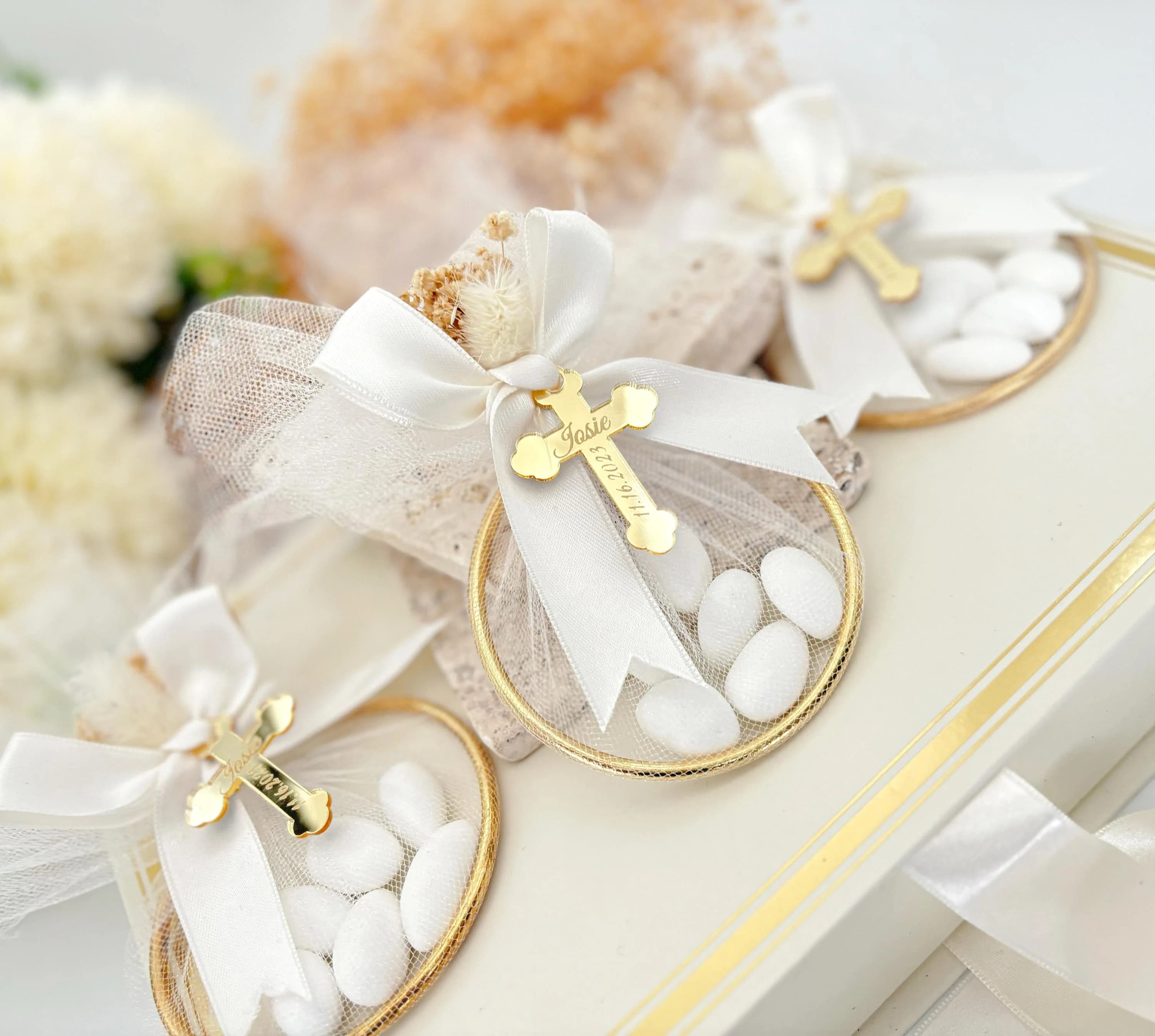 Almond Candy Baptism Favor, Personalized Cross Tag