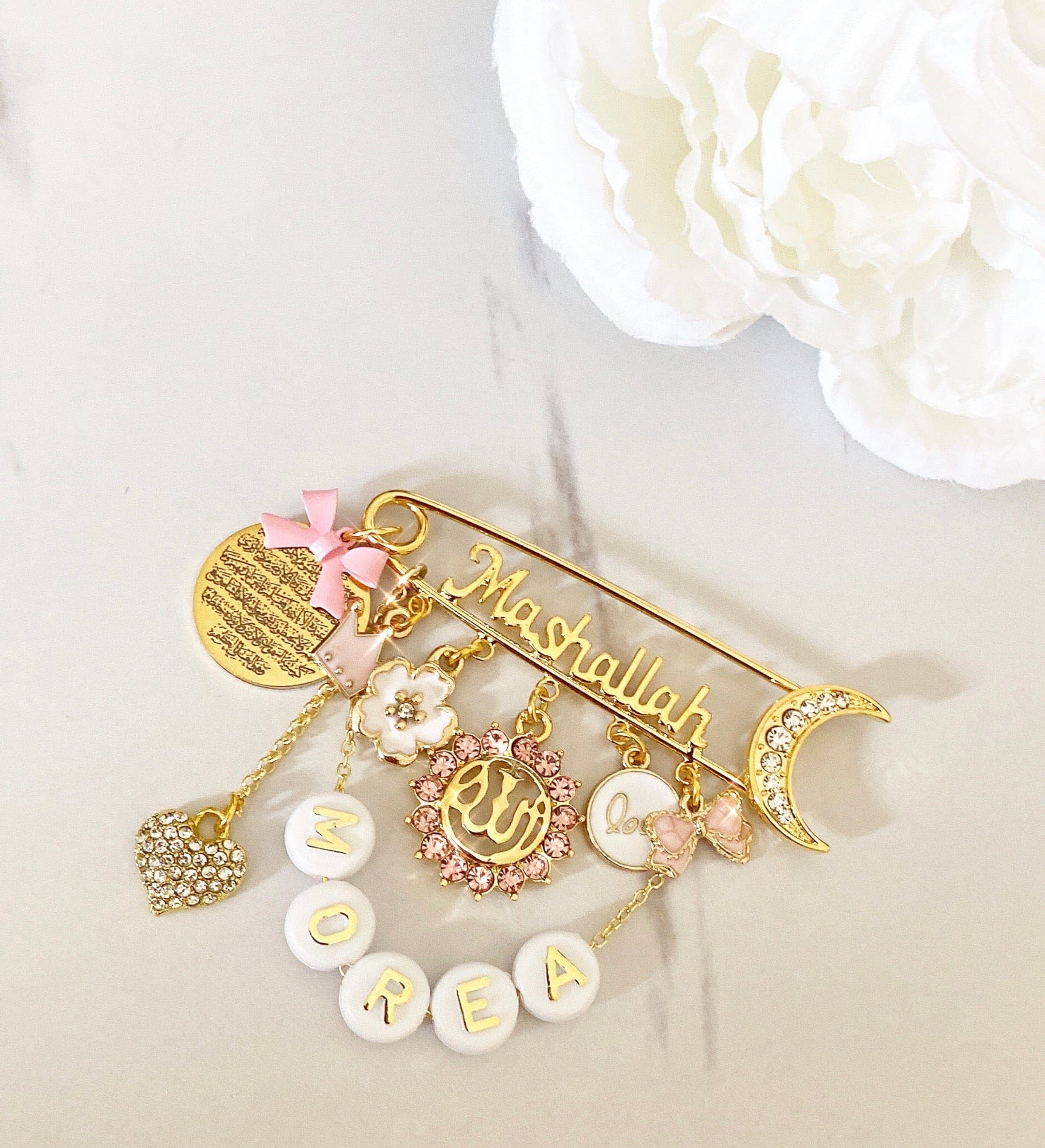 Mashallah pin with customized bead name, Allah, ayat Kursi