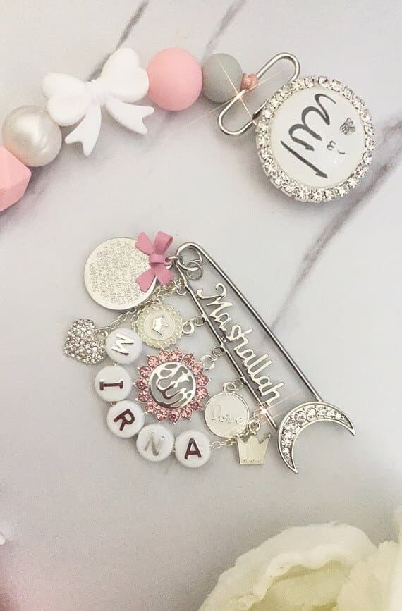 Mashallah silver and pink pin Ayat Kursi Allah brooch baby gift Islamic Arabic pin