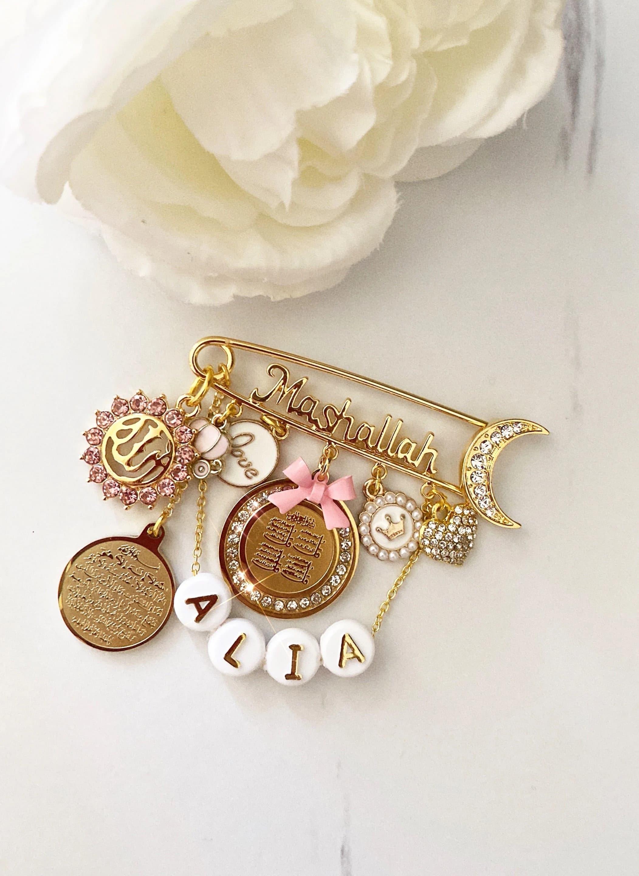 Mashallah gold pin with personalized baby name, Four Quls Quran, Ayat Kursi, Allah, baby gift