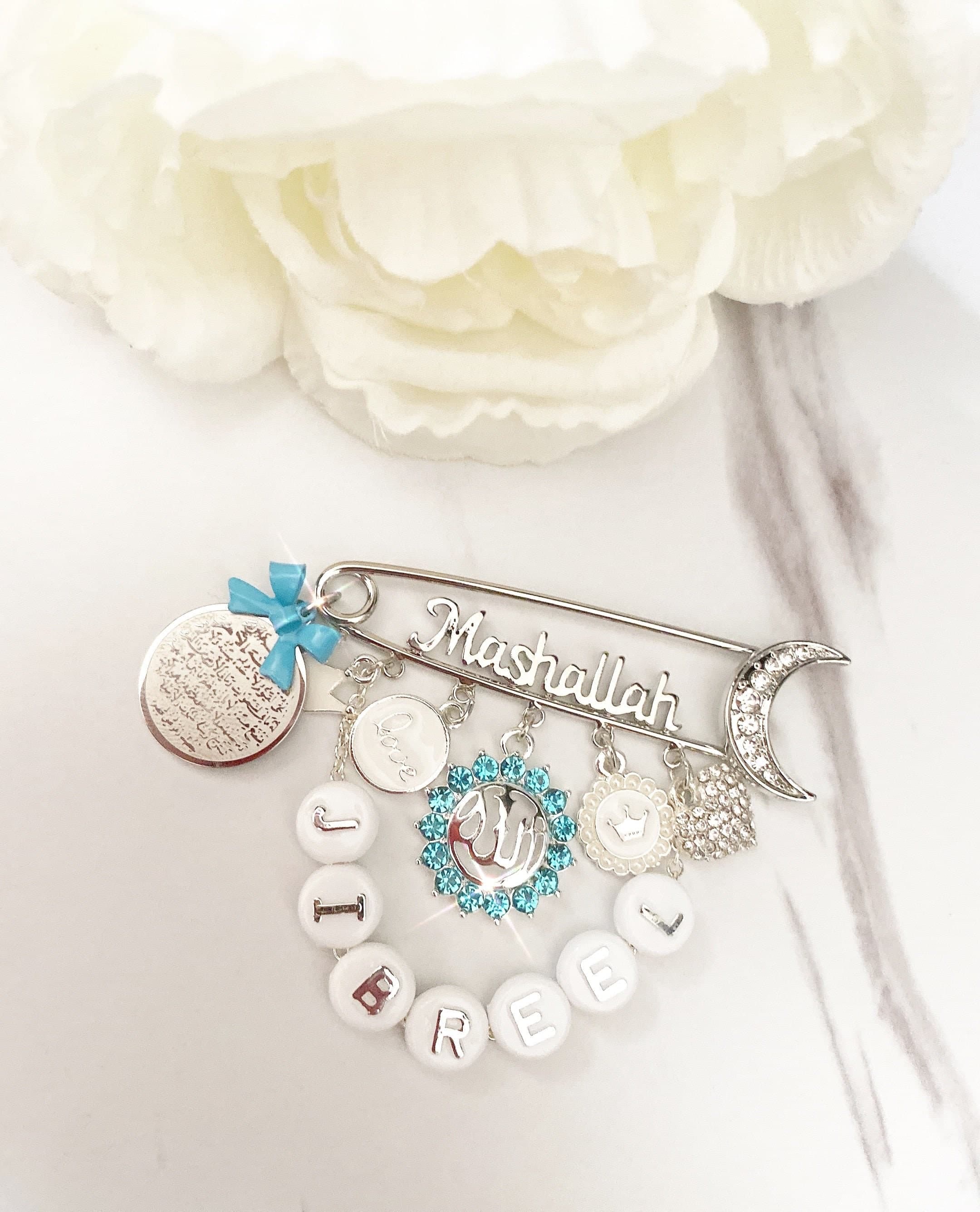 Silver Mashallah pin in light blue, full personalized name, personalized baby gift, Ayat Kursi pin, Quran Allah jewelry baby gift