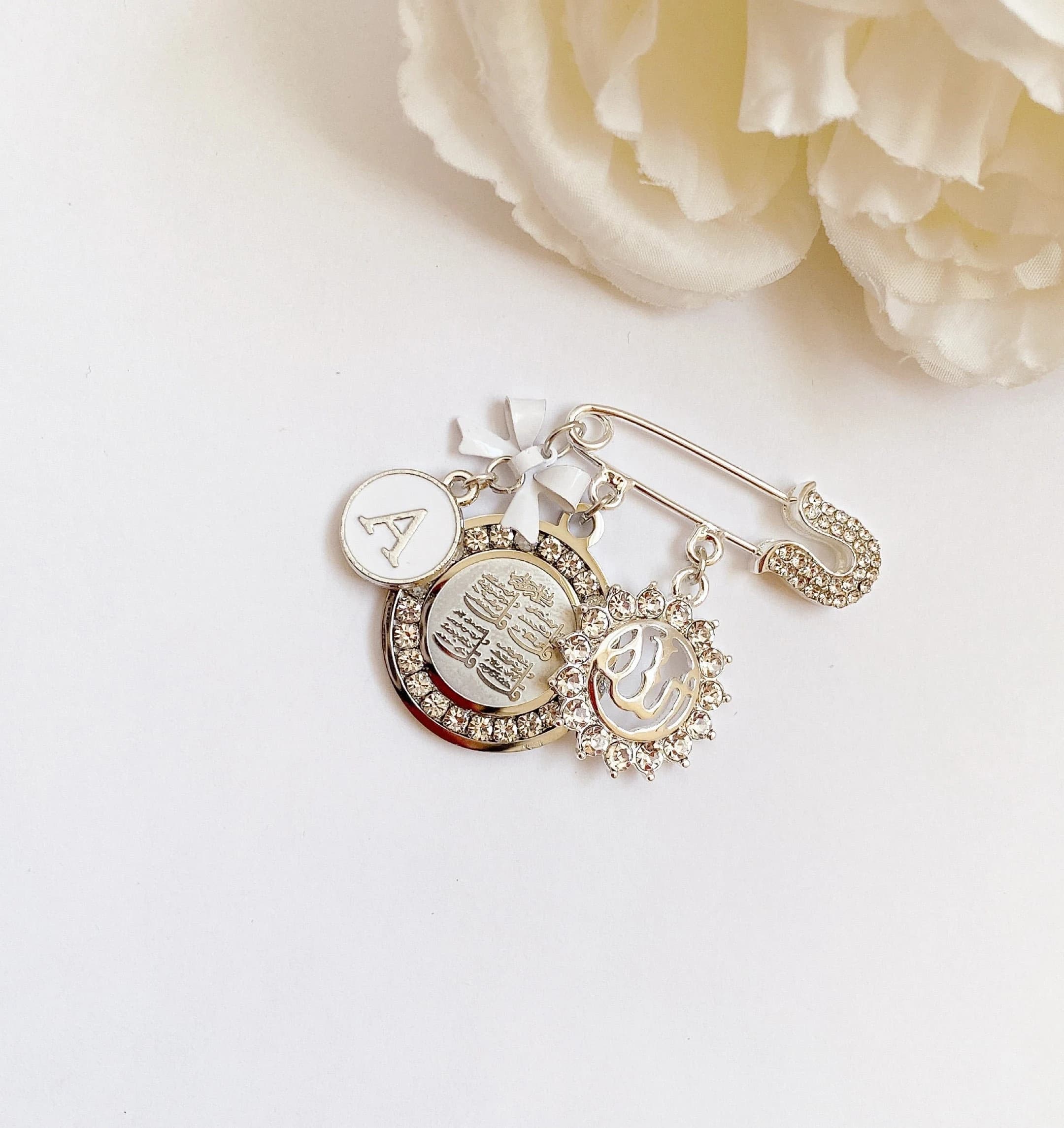 Small silver crystal tip pin in white with Ayat Kursi, and Allah - image 3