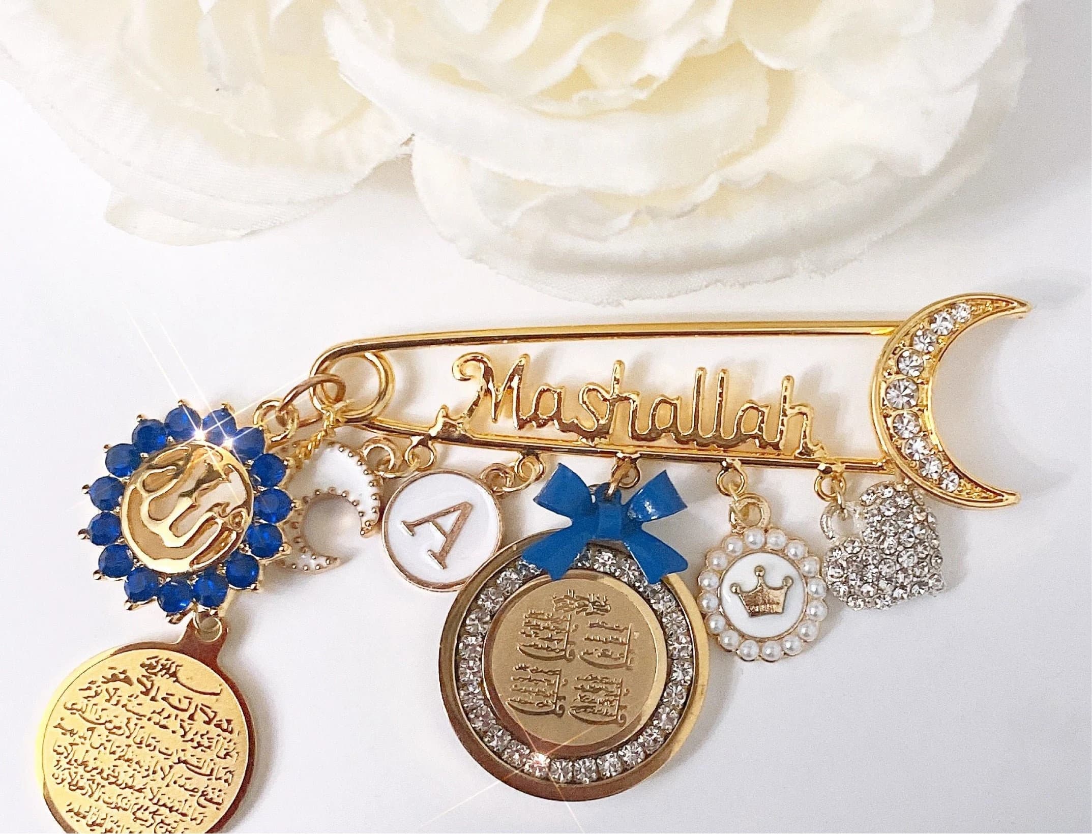 Mashallah baby pin in royal blue with ayat Kursi, Allah, and 4 quls