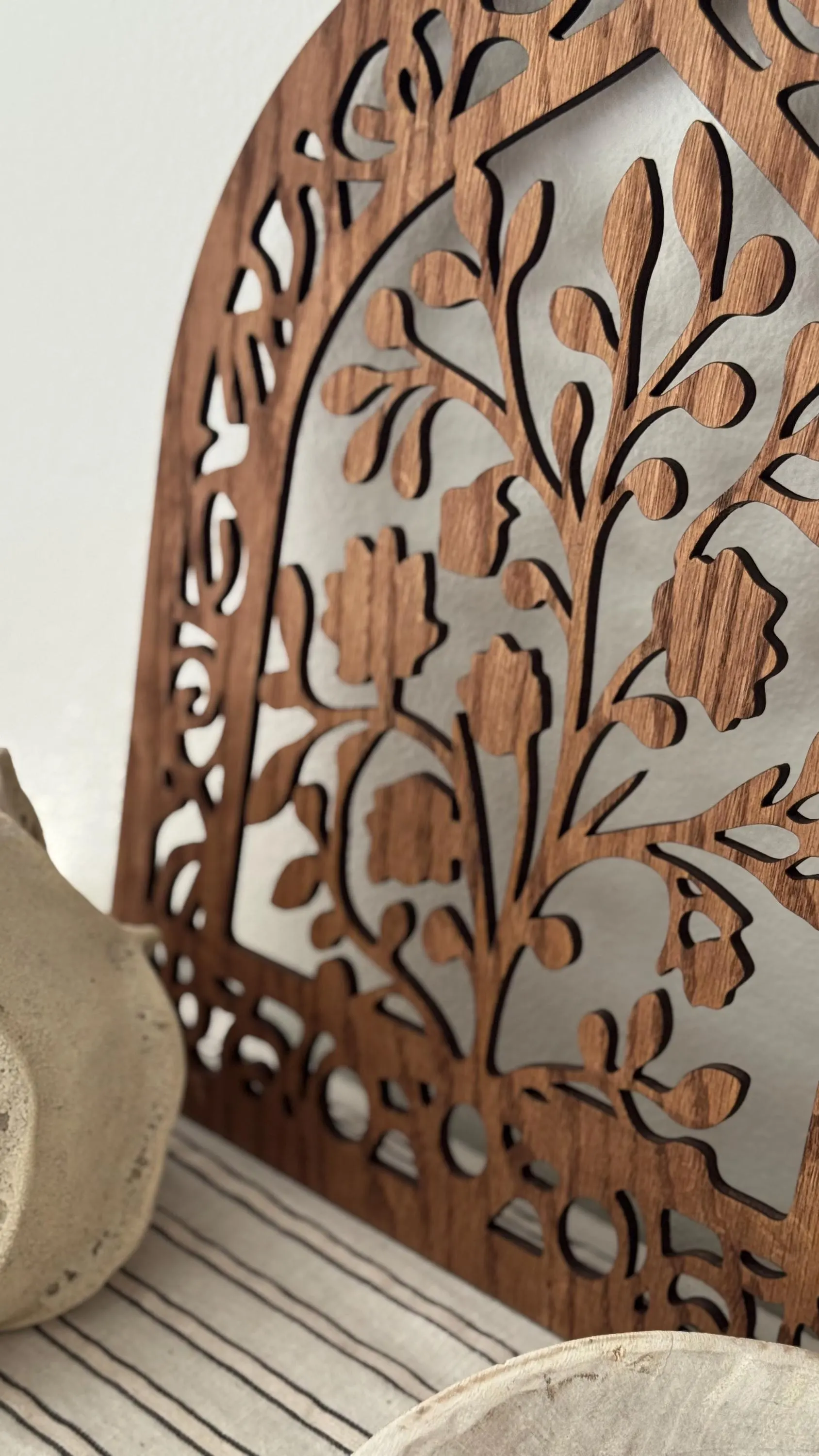 Stained Cherry Wood Islamic Arch Art Panel | 11x16 Laser Cut Floral Decor - image 3