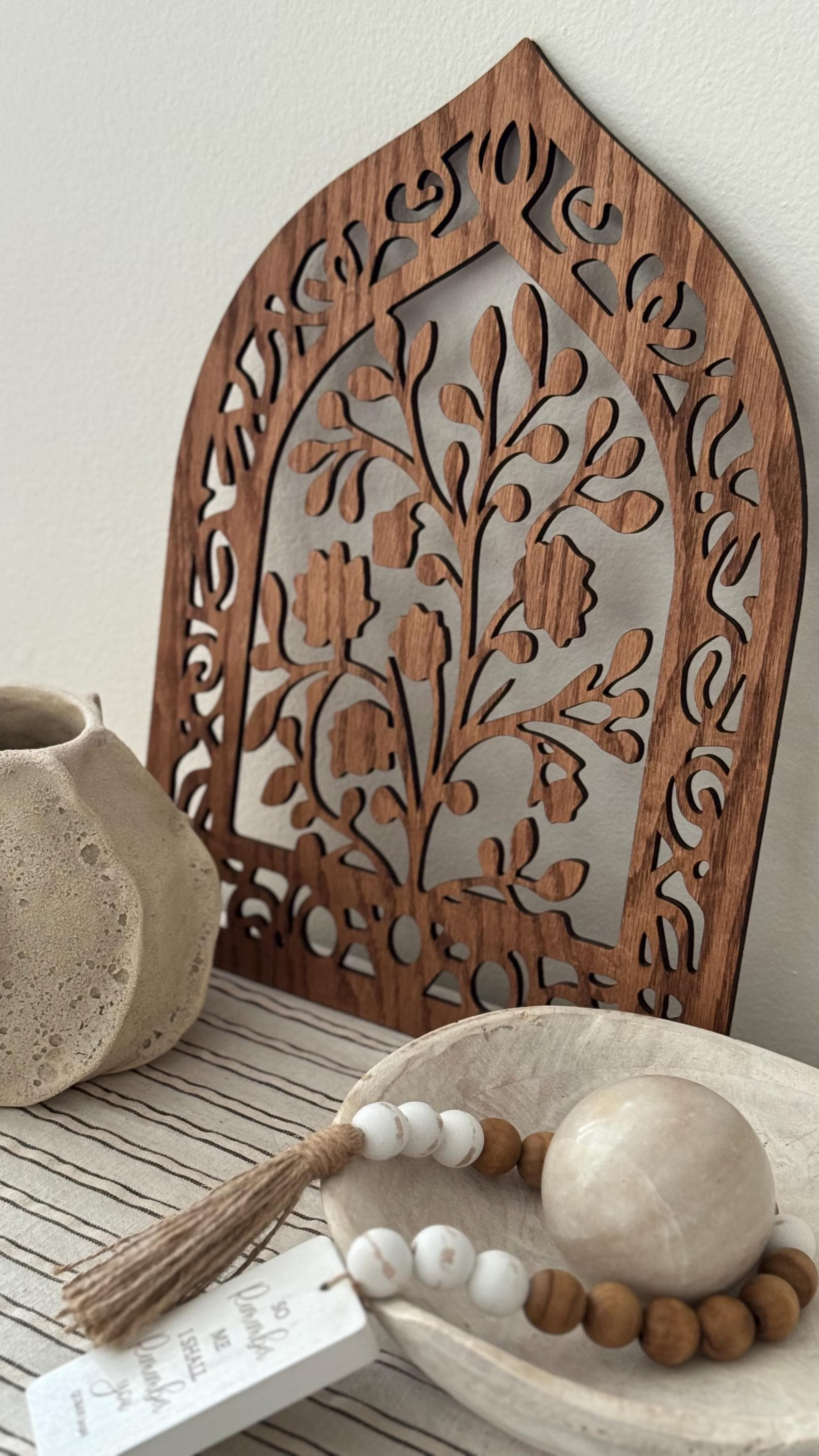 Stained Cherry Wood Islamic Arch Art Panel | 11x16 Laser Cut Floral Decor - image 2