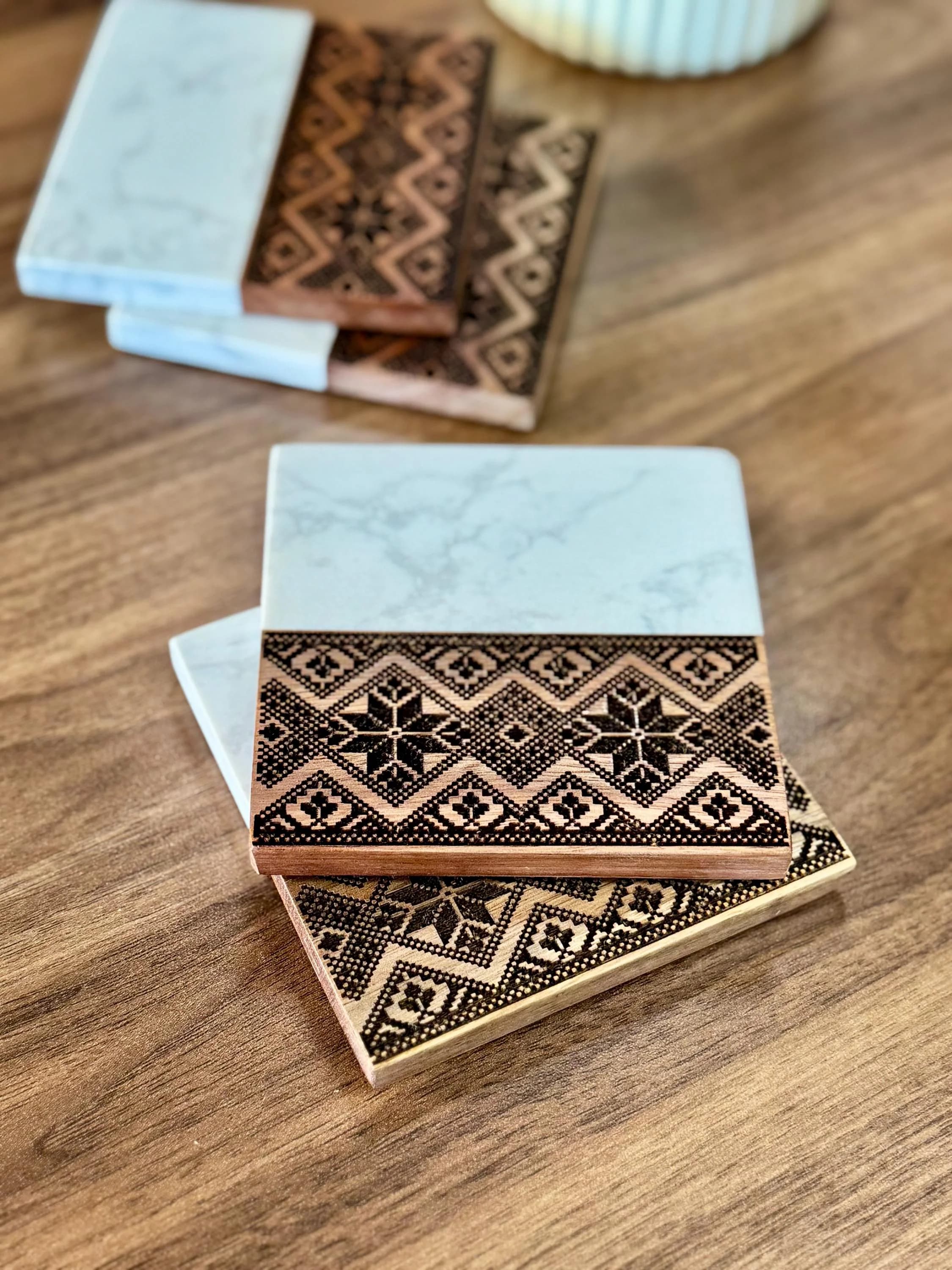 Tatreez Engraved Coasters Engraved| Set of 4 |  Acacia Wood, Marble, Palestinian Home Decor - image 3