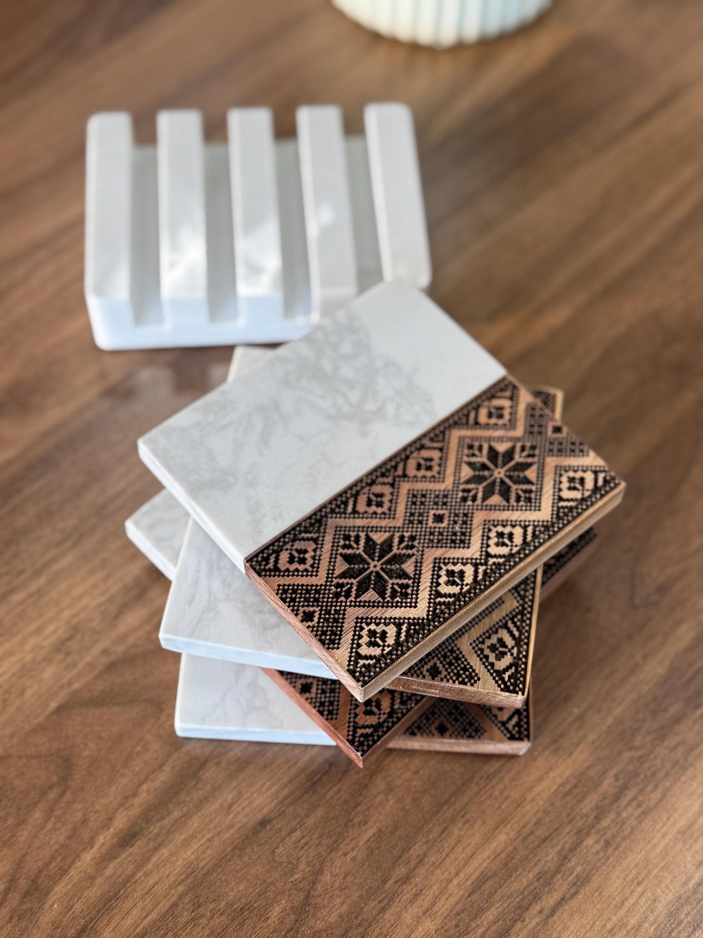 Tatreez Engraved Coasters Engraved| Set of 4 |  Acacia Wood, Marble, Palestinian Home Decor