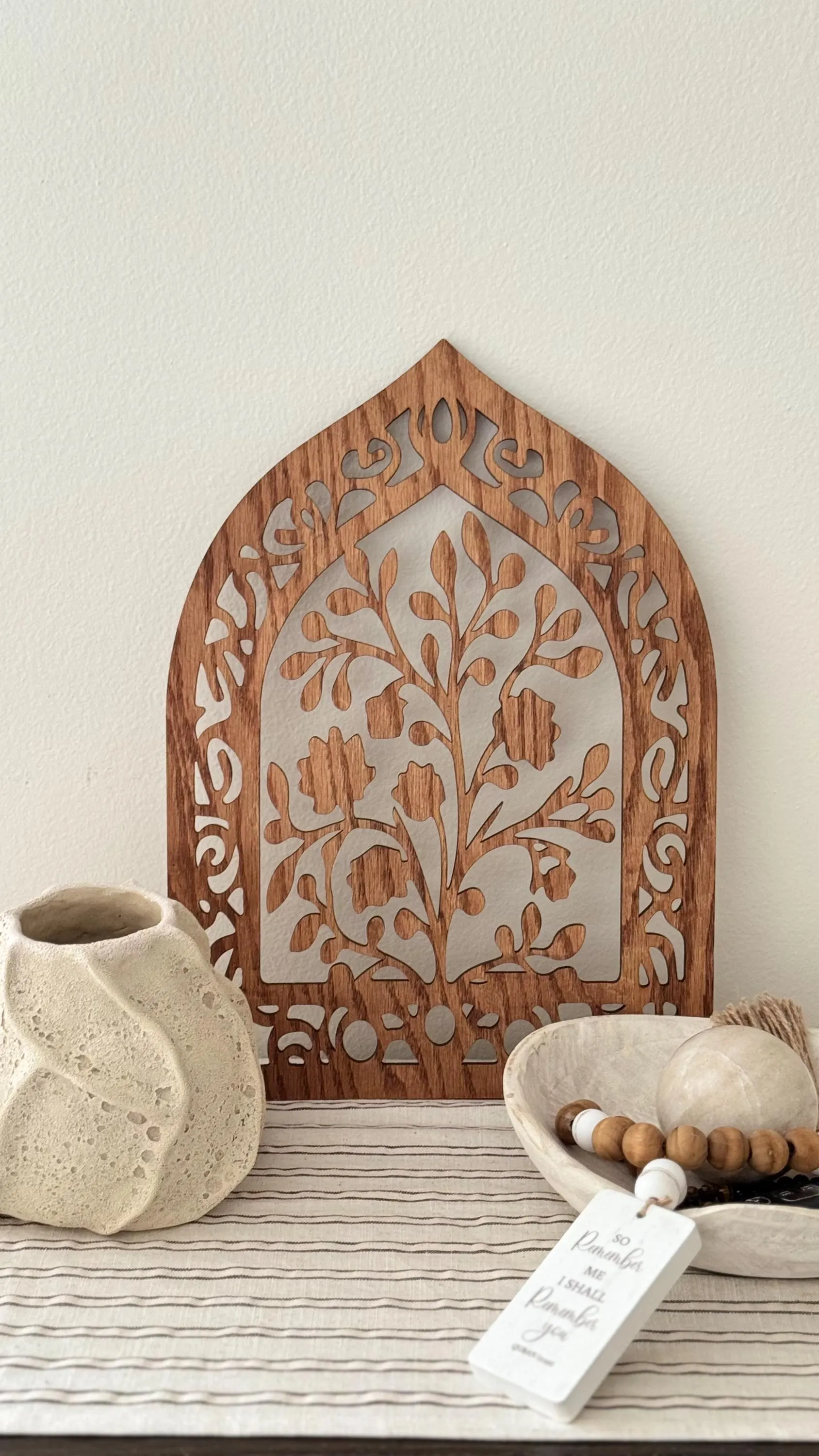 Stained Cherry Wood Islamic Arch Art Panel | 11x16 Laser Cut Floral Decor