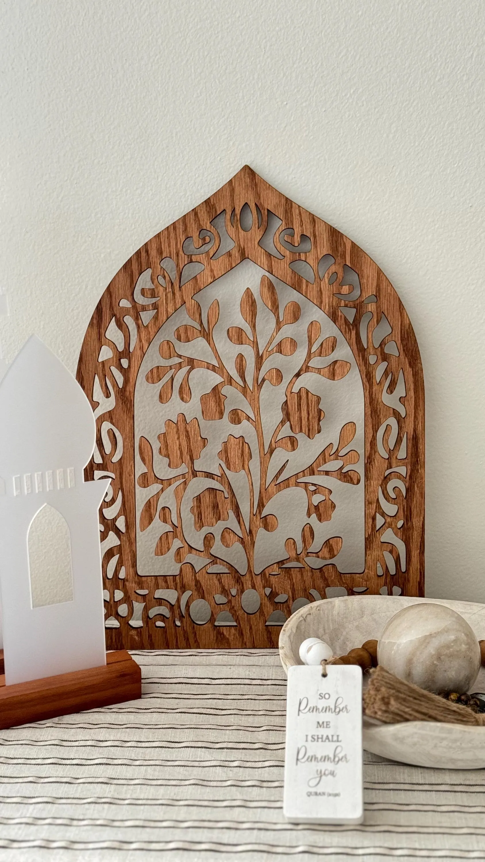 Stained Cherry Wood Islamic Arch Art Panel | 11x16 Laser Cut Floral Decor - image 4