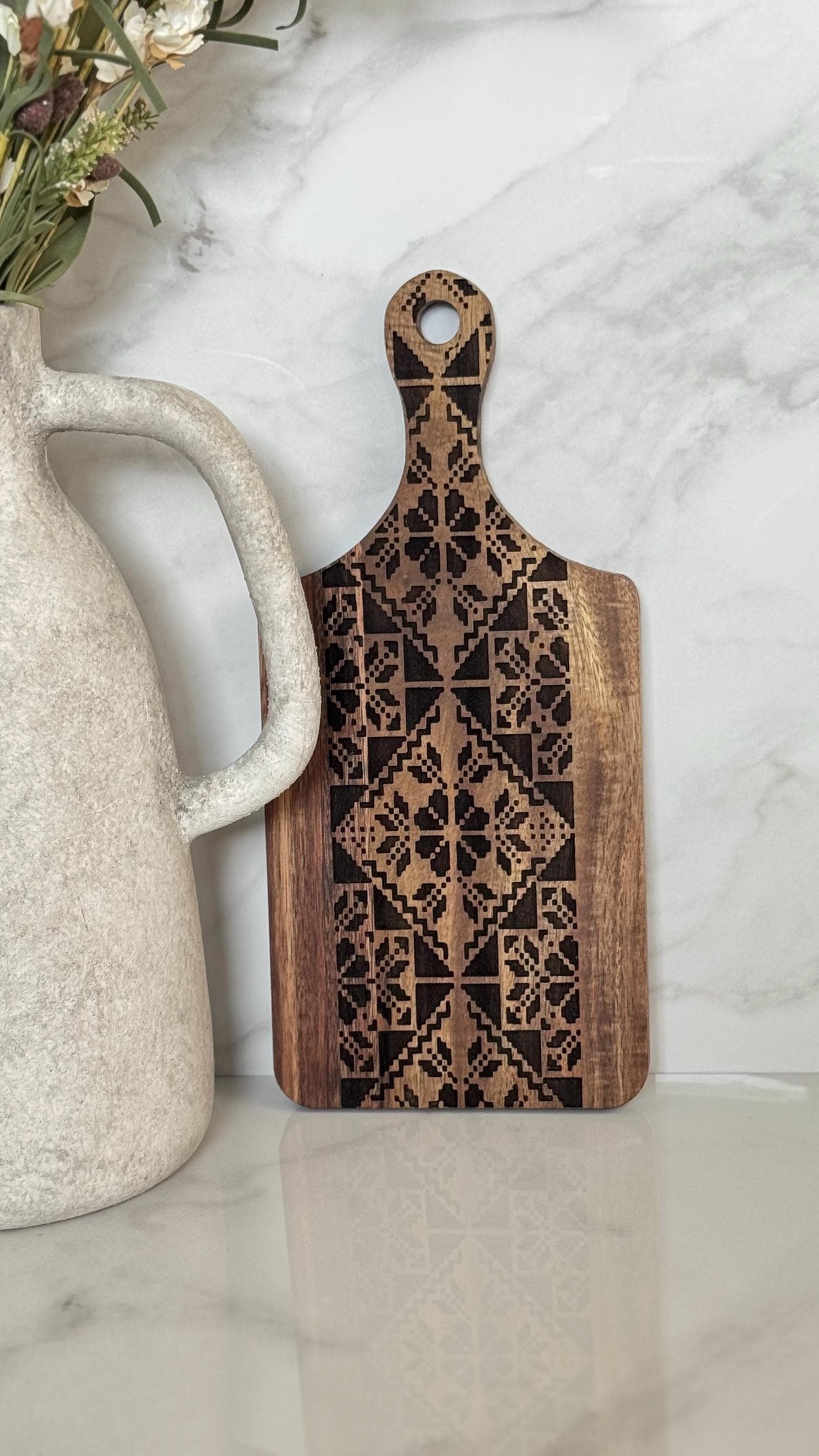 Palestine Tatreez Engraved Acacia Board: Palestinian Embroidery Design