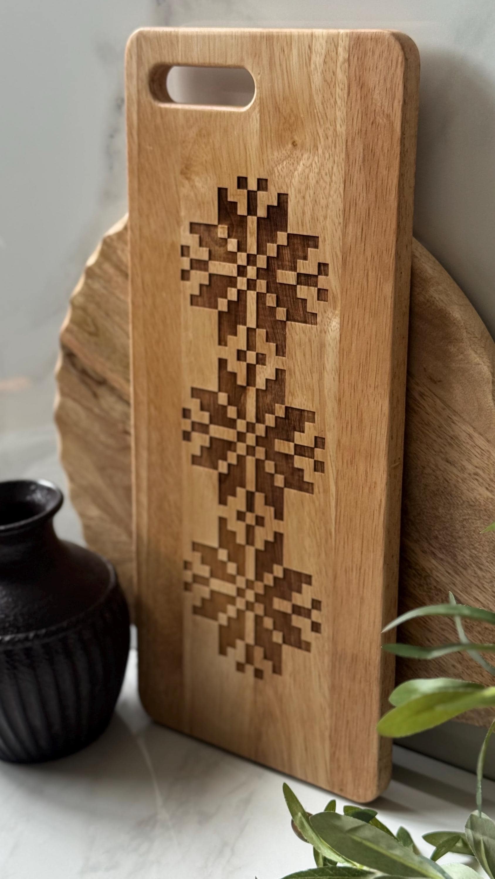 Palestinian Tatreez Engraved Wood Serving Board | Qamar Moon Motif Cheese Board
