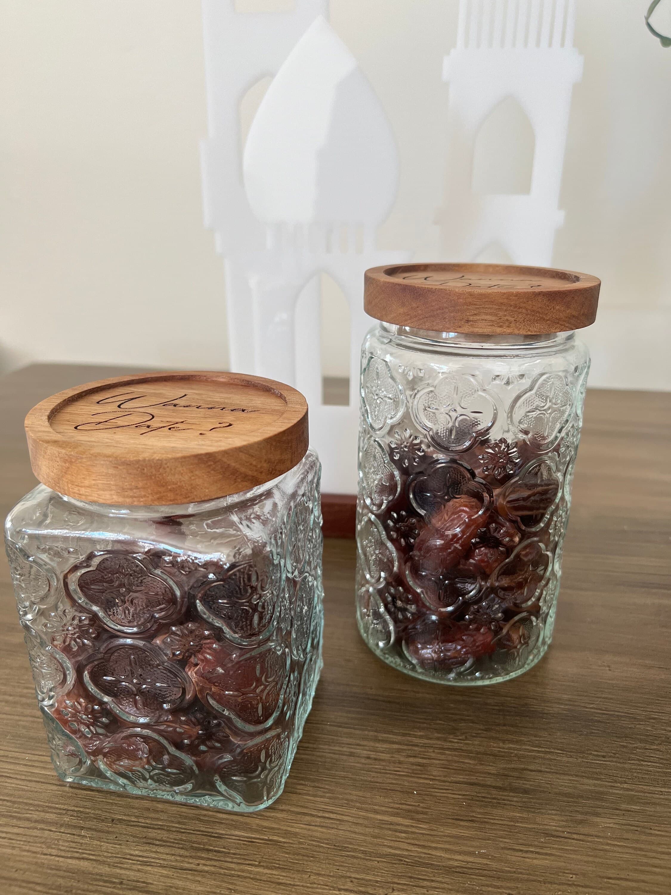 Wanna Date Ramadan Mubarak Glass Jar: Vintage Embossed Design, Airtight Wood Lid - image 3