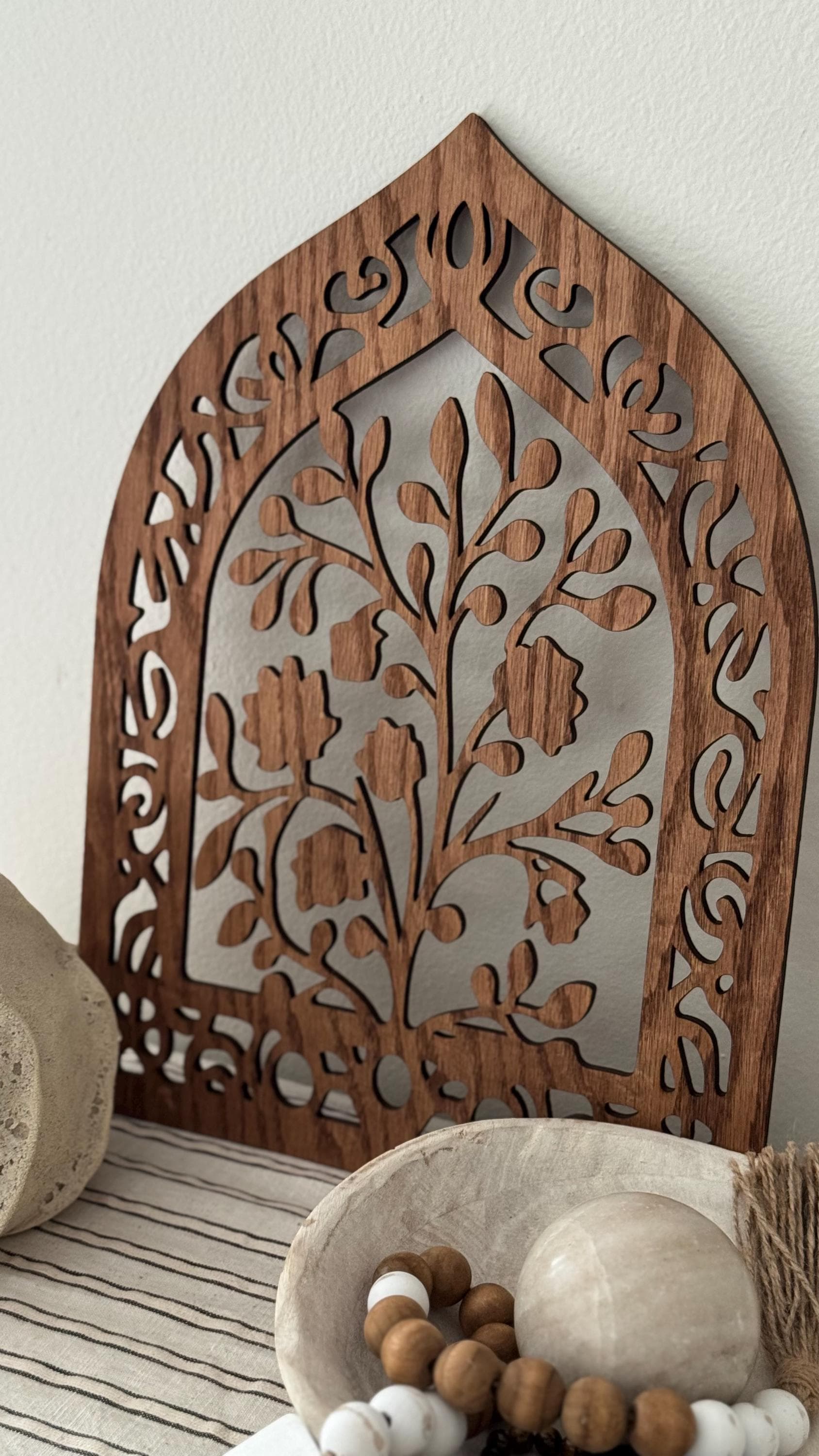 Stained Cherry Wood Islamic Arch Art Panel | 11x16 Laser Cut Floral Decor - image 5
