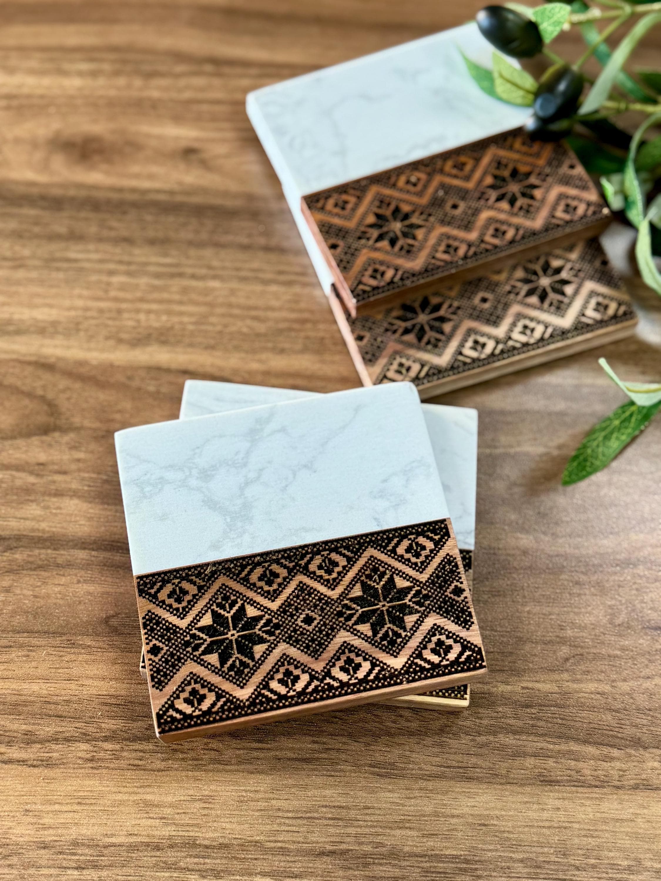 Tatreez Engraved Coasters Engraved| Set of 4 |  Acacia Wood, Marble, Palestinian Home Decor - image 2