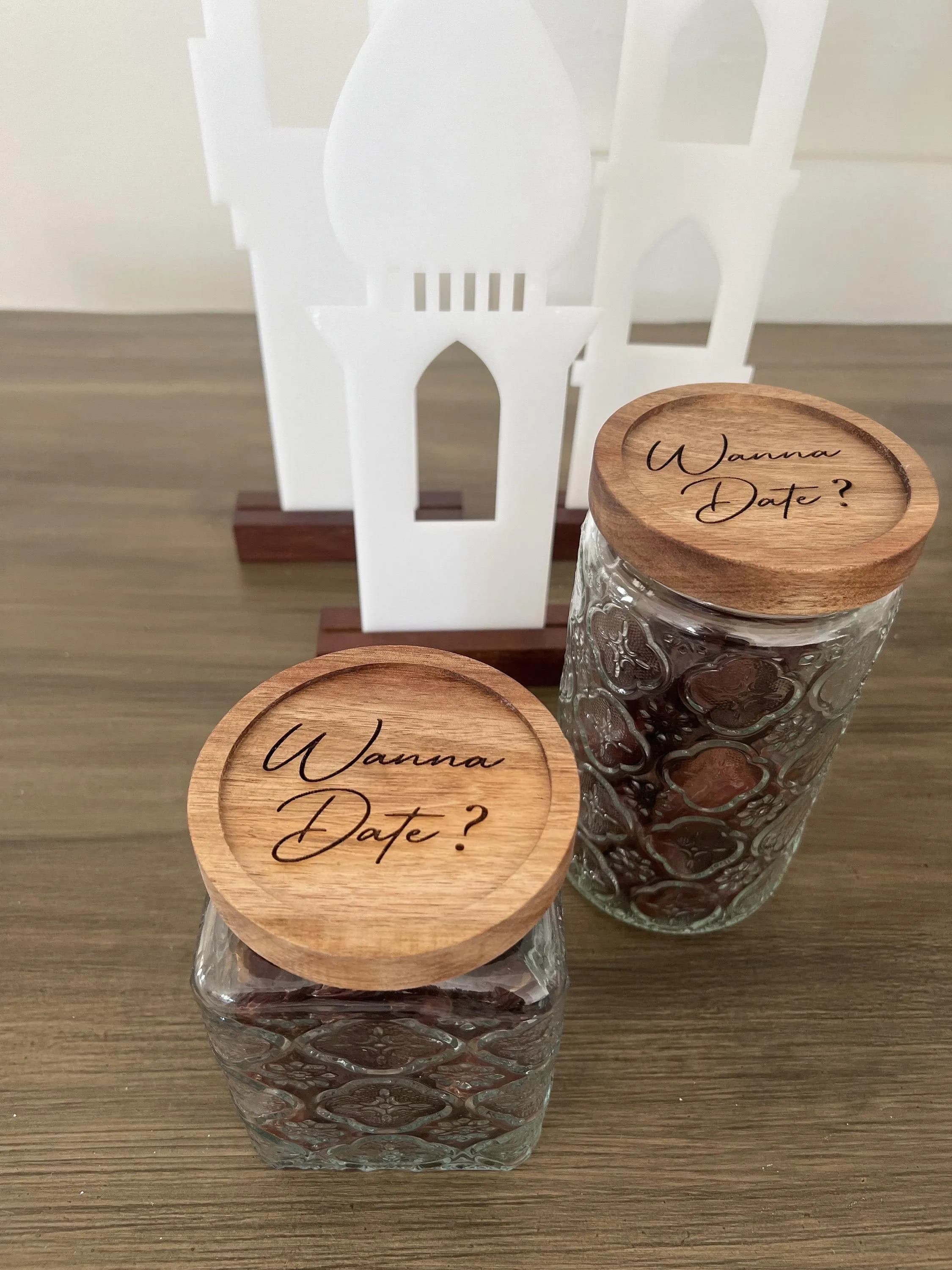 Wanna Date Ramadan Mubarak Glass Jar: Vintage Embossed Design, Airtight Wood Lid - image 2