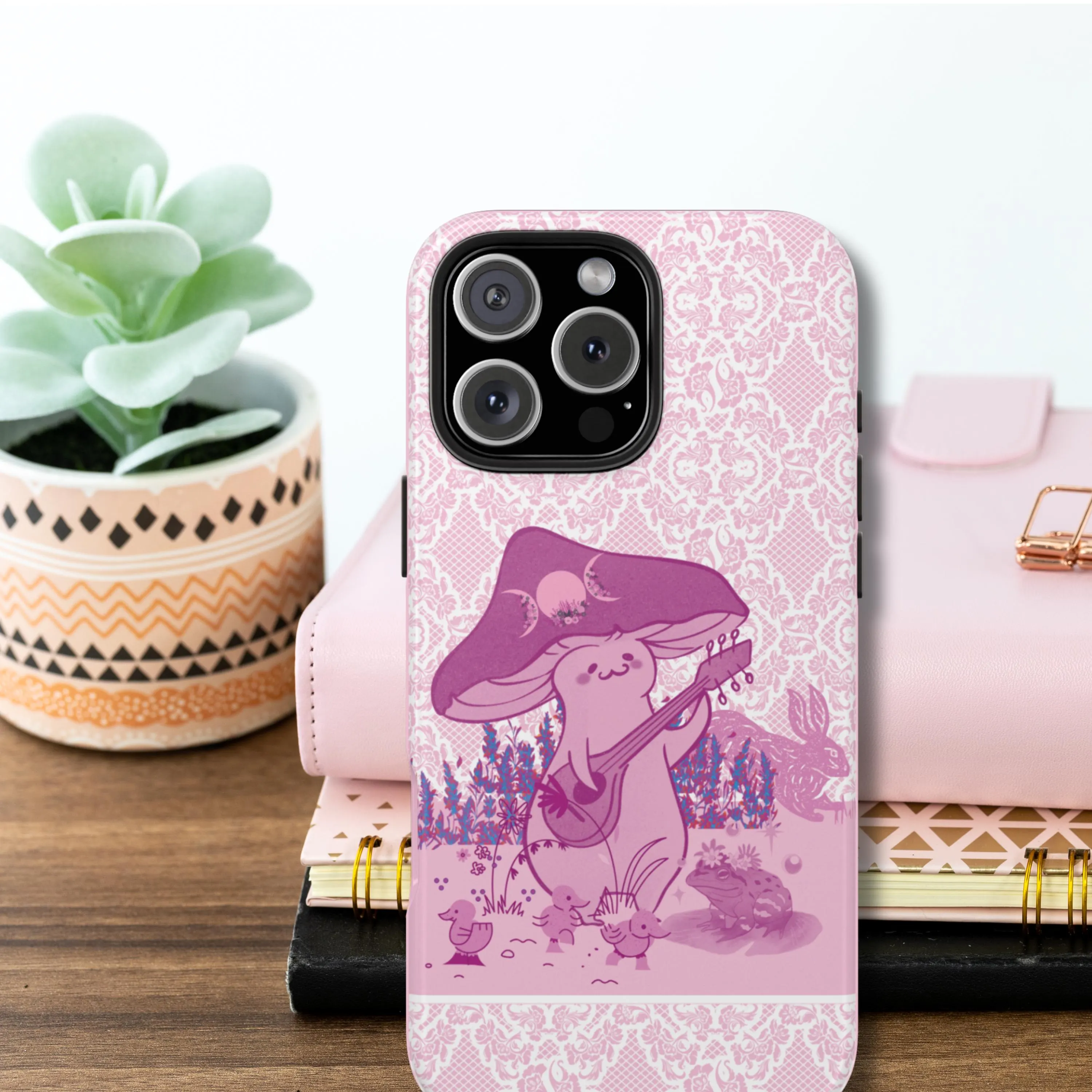 Pink Lace Coquette Tough Phonecase, Cottagecore Mushroom Bunny Feminine Biodegradable Case, Eco-Friendly Cover, Sustainable Phone Protector