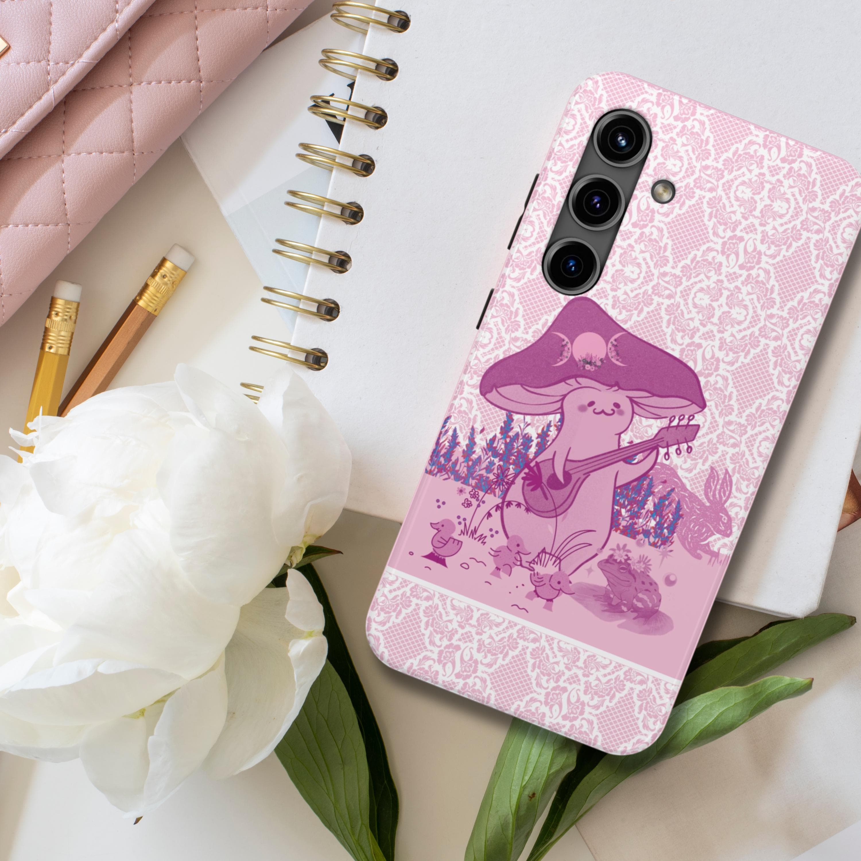 Pink Lace Coquette Tough Phonecase, Cottagecore Mushroom Bunny Feminine Biodegradable Case, Eco-Friendly Cover, Sustainable Phone Protector - image 2