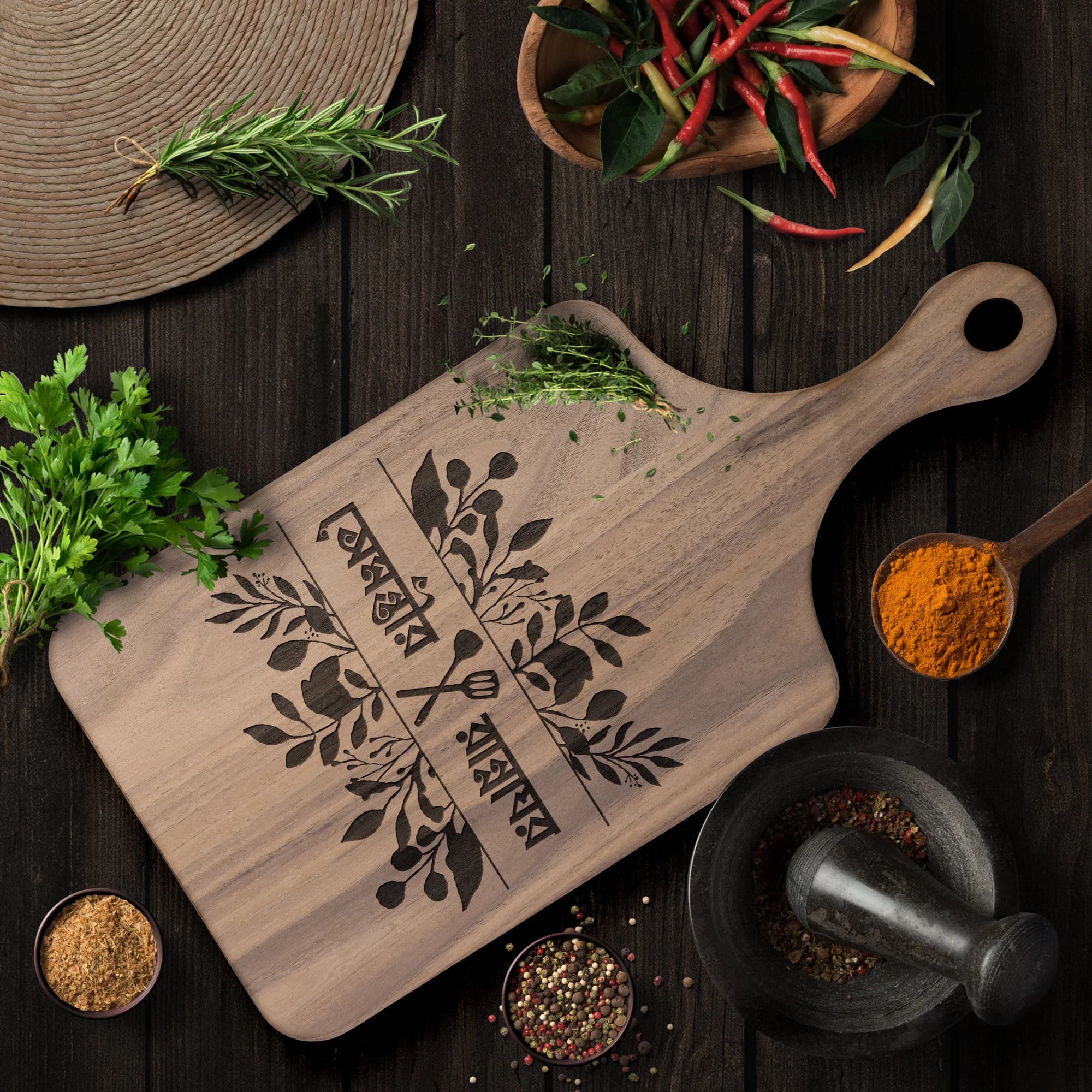 Custom Bengali Couple's Name Maple Wood Cutting Board, Personalized Bamboo Chopping/Cheese Board with Handle, Bengali Home Decor, aiburobhat