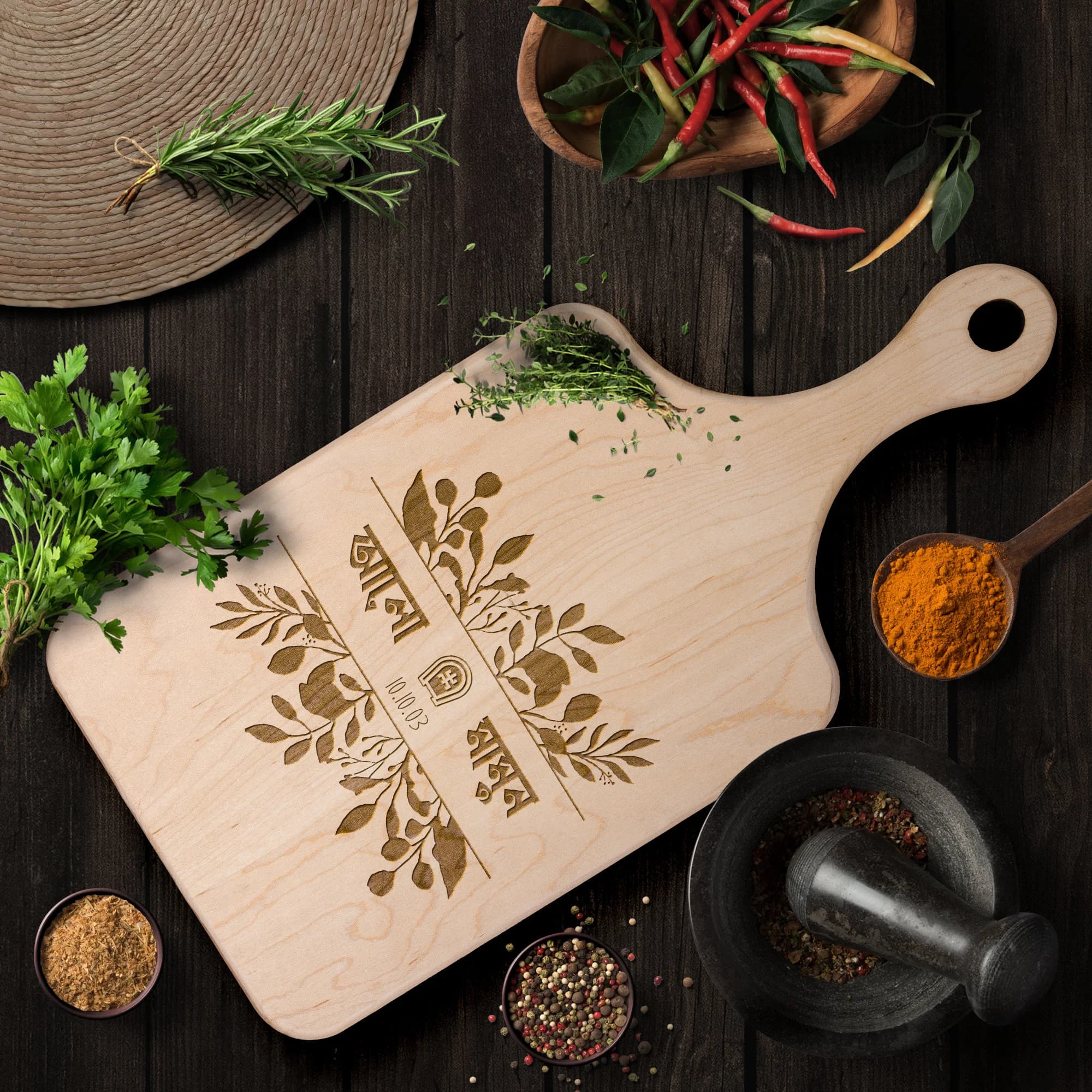 Custom Bengali Couple's Name Maple Wood Cutting Board, Personalized Bamboo Chopping/Cheese Board with Handle, Bengali Home Decor, aiburobhat - image 2