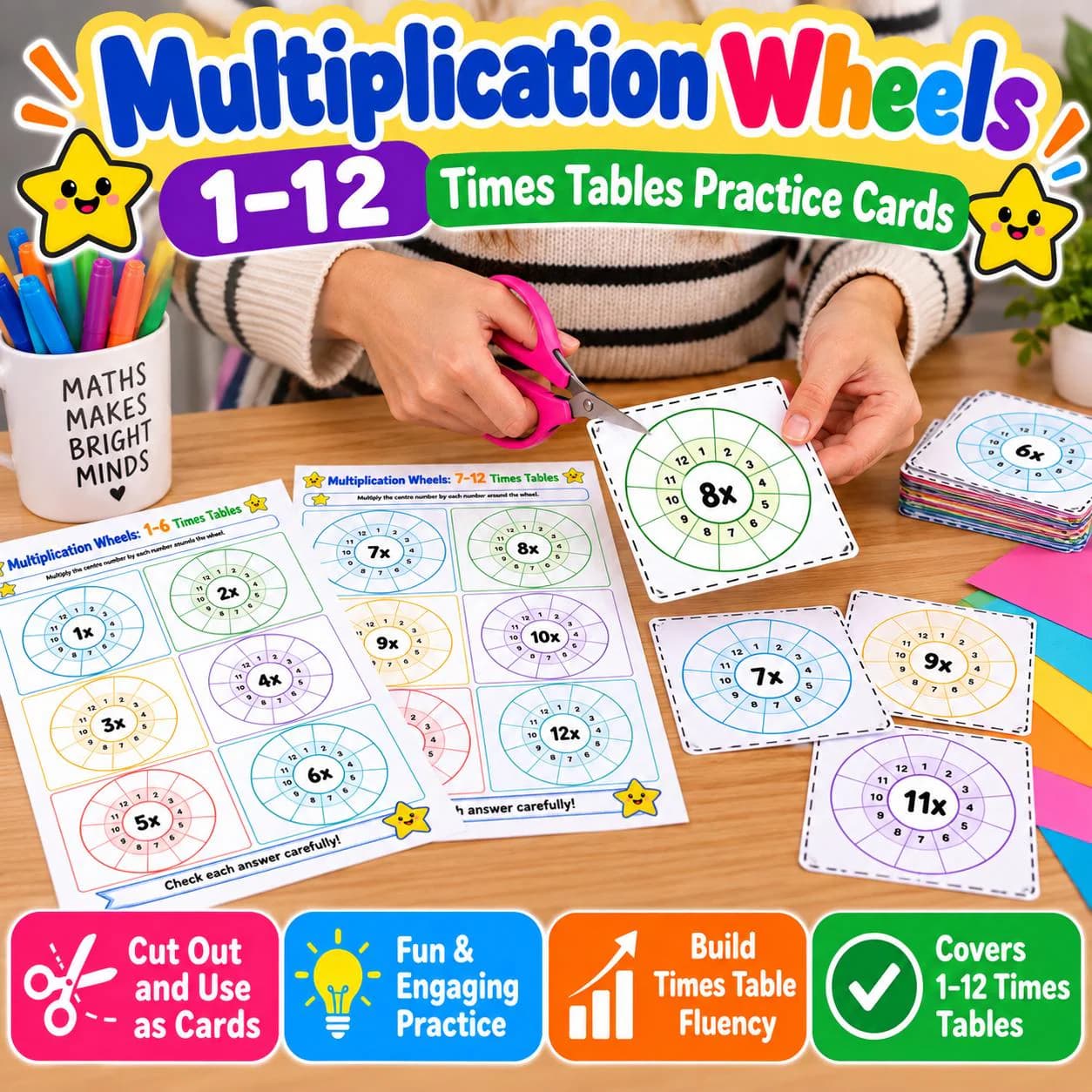 Multiplication Worksheets 1-12, Multiplication Wheels, Times Tables Practice Cards Printable