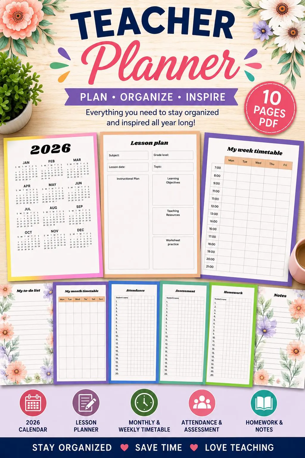 Editable Teacher Planner Printable Bundle 2026 Monthly Weekly Timetable Attendance & Assessment Sheets