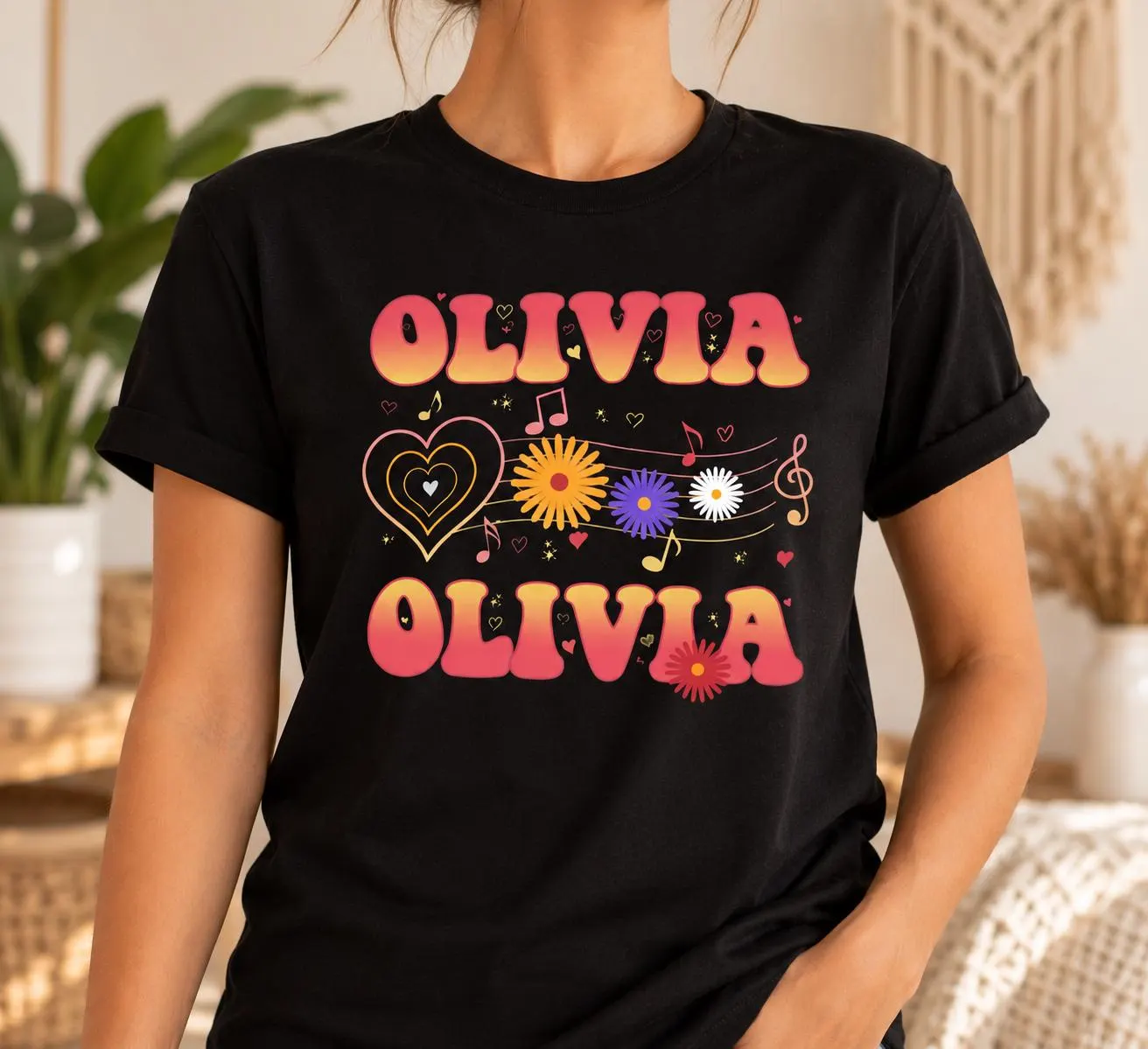 Olivia Retro T-Shirt Floral Music Note Shirt Olivia Name Graphic Tee