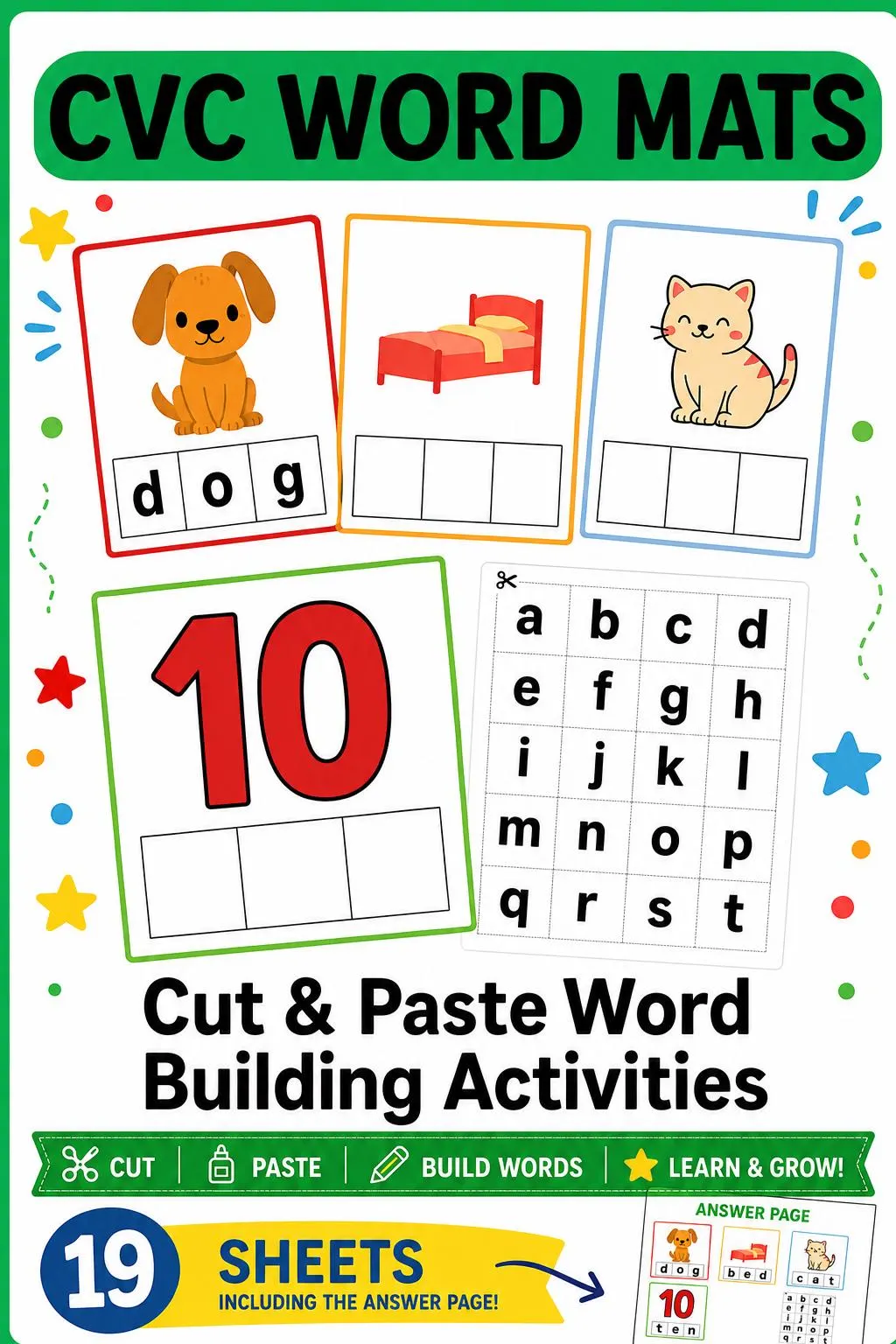 CVC Word Worksheets Short Vowel Phonics Word Building Mats Cut and Paste Digital Download