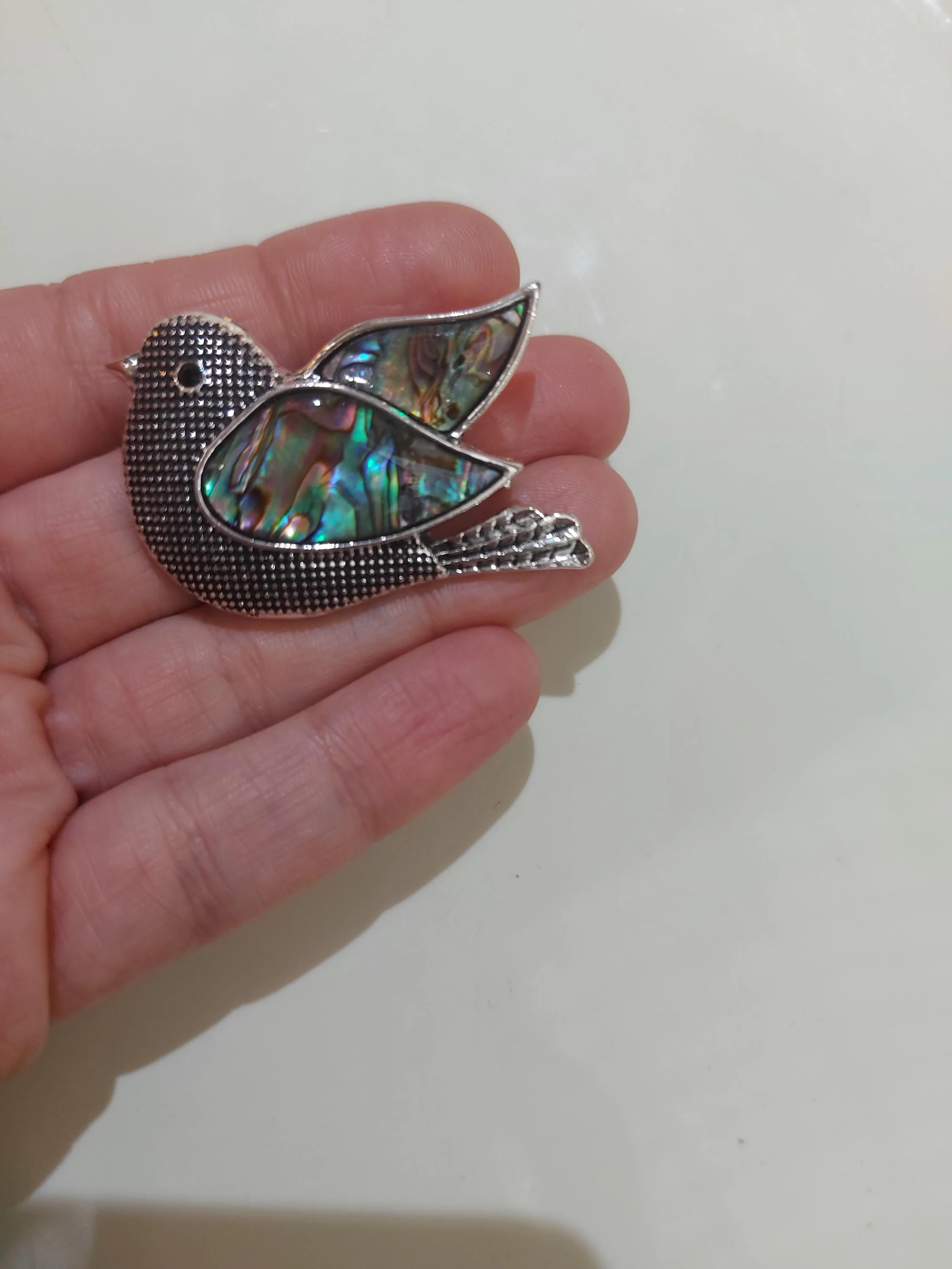 Vintage Style Bird Brooch, Abalone Shell Peace Symbol Jewelry, Green Blue Collar Brooch - image 4