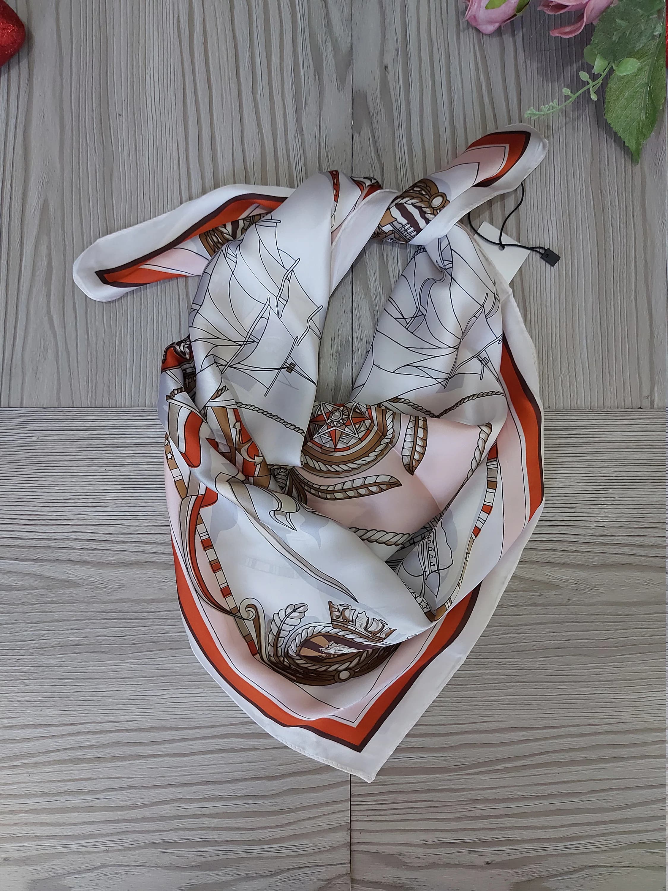 Silky Polyester Square Scarf, Ship Wheel Design, Neckerchief