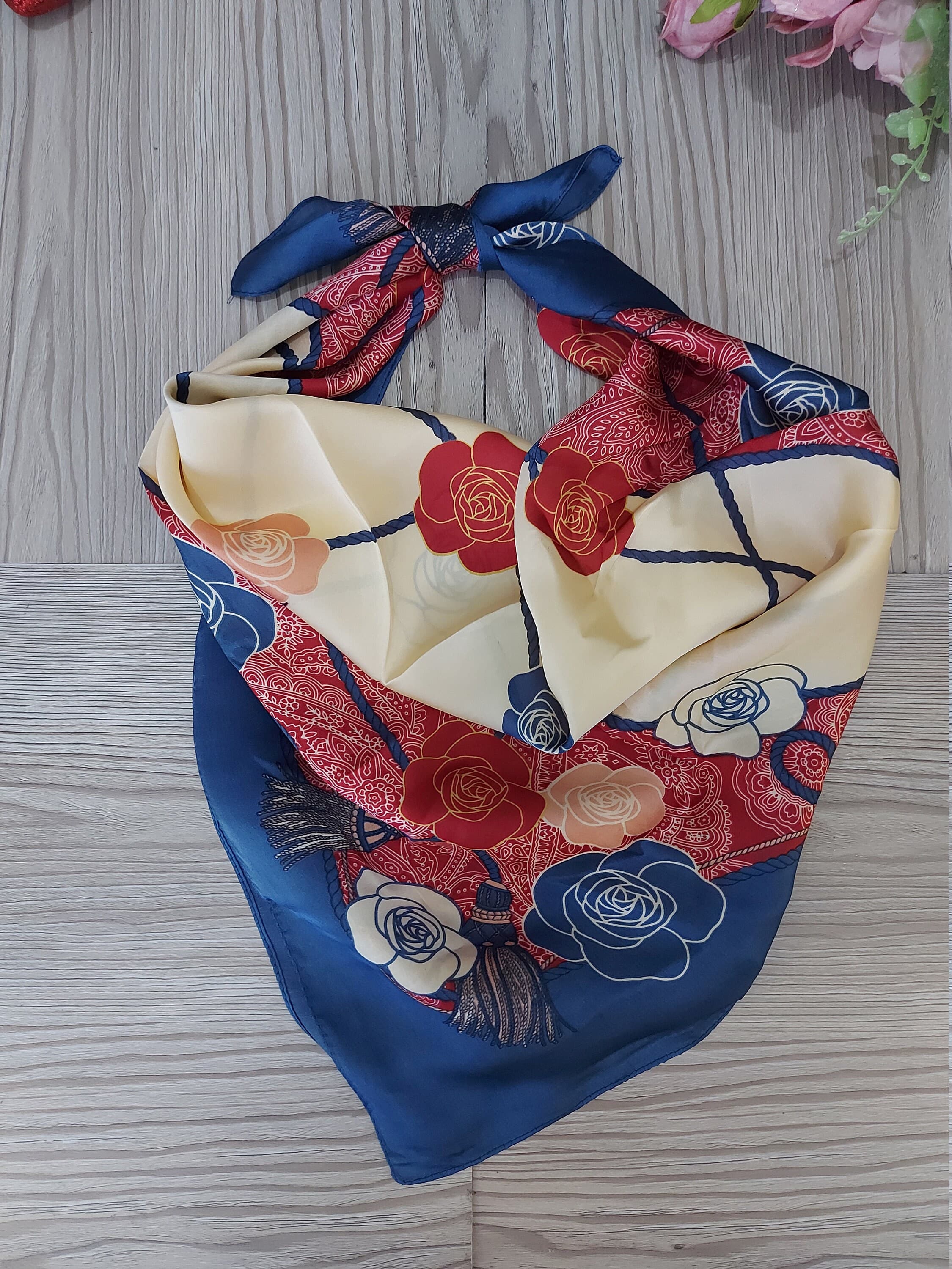 Rose Print Small Square Scarf,Blue Red Cream Faux Silk Bandana,Elegant Hair Band, Bag Charm,Great Holiday Gift Idea - image 5