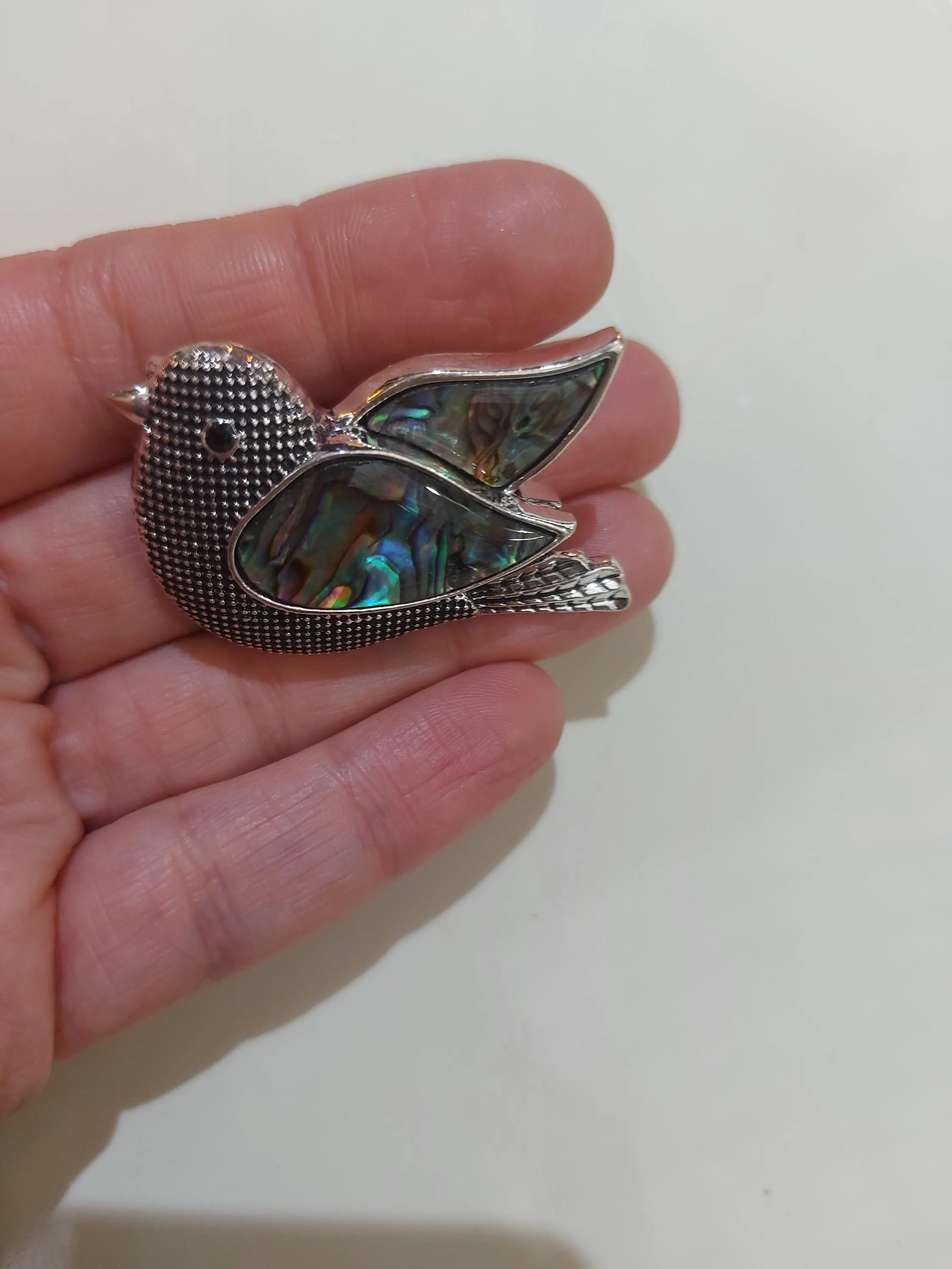 Vintage Style Bird Brooch, Abalone Shell Peace Symbol Jewelry, Green Blue Collar Brooch