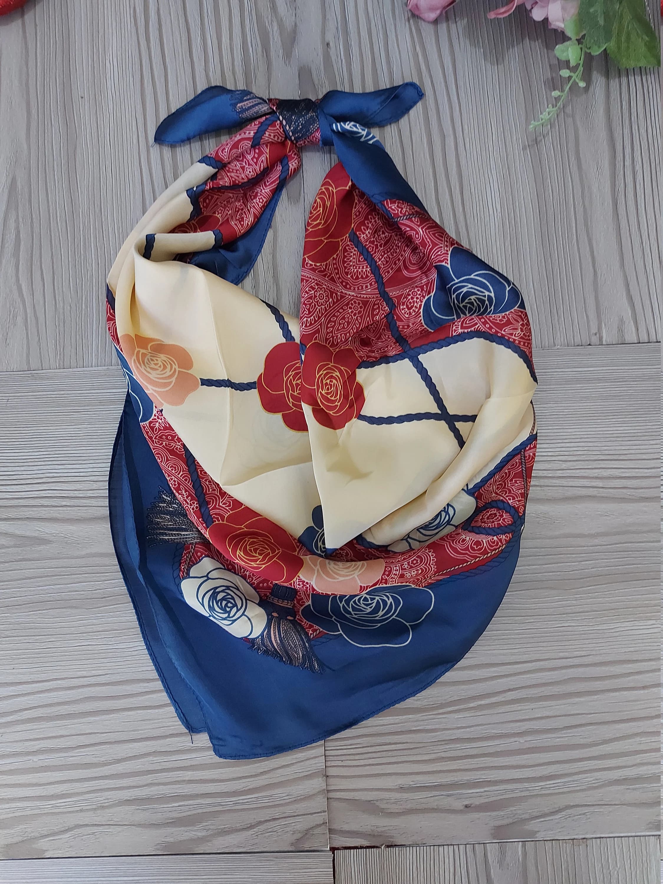 Rose Print Small Square Scarf,Blue Red Cream Faux Silk Bandana,Elegant Hair Band, Bag Charm,Great Holiday Gift Idea