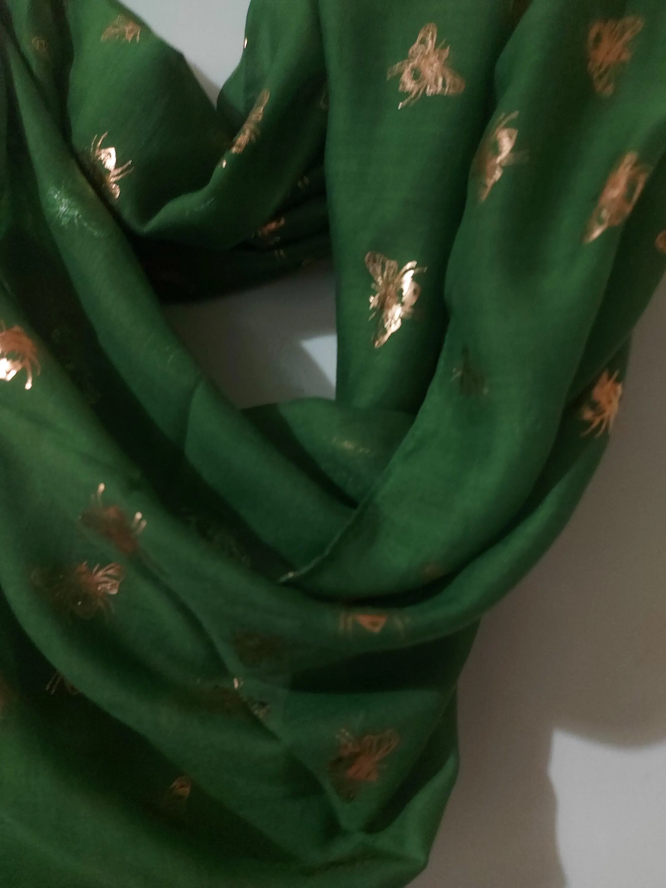 Green Gold Bee Print Scarf, Cotton Viscose Shoulder Wrap,Daily Use Glitter Bumble Honey Bee Shoulder Wrap - image 3
