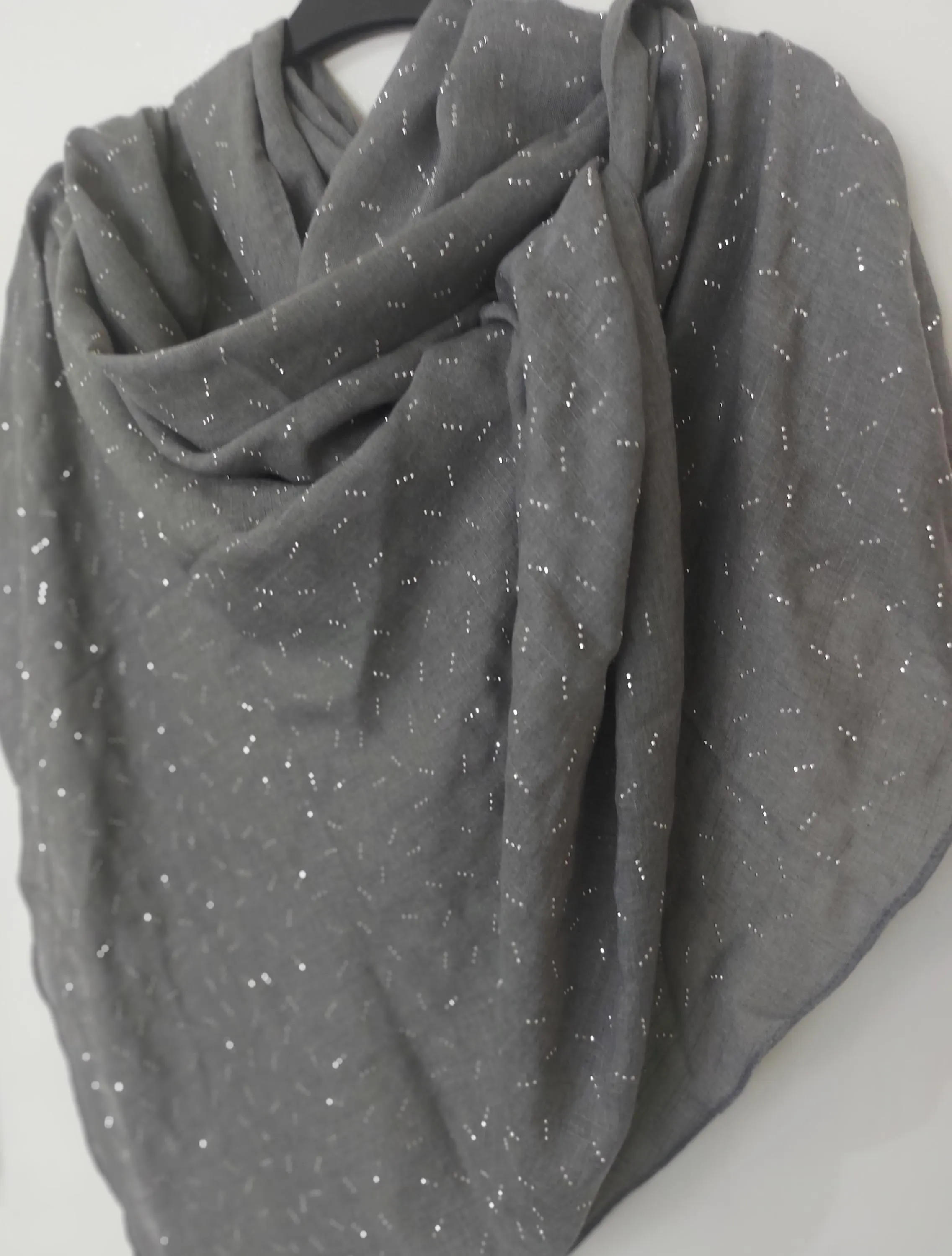 Luxury Wide Grey Shimmer Hijab Scarf with Silver Sparkle, Soft Lightweight Shawl, Evening Wrap, Wedding Stole, Modest Headscarf for Women