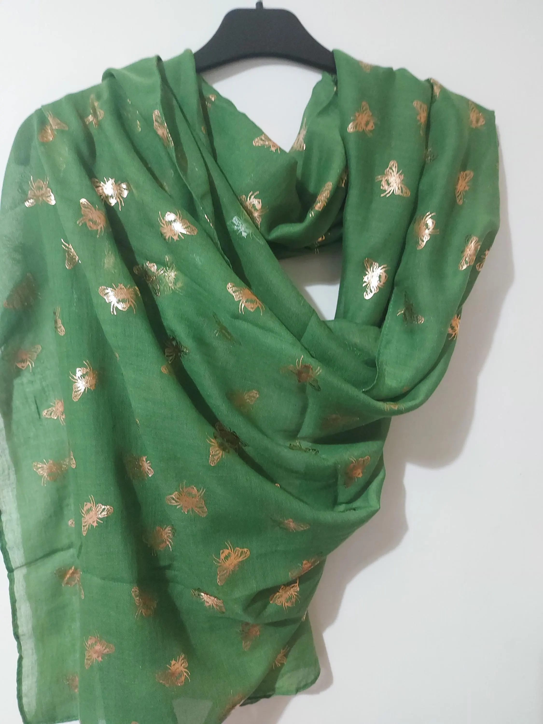 Green Gold Bee Print Scarf, Cotton Viscose Shoulder Wrap,Daily Use Glitter Bumble Honey Bee Shoulder Wrap - image 5
