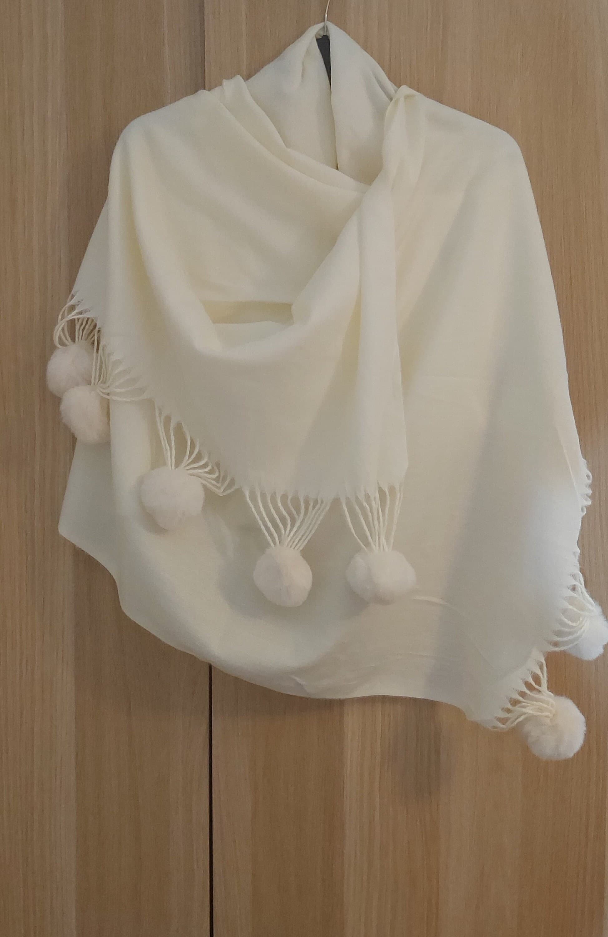 Seasonal Cosy Plain Soft Touch Shrug, Luxury Cream PARTY Large Wrap with Pom Poms, Bridesmaids Pashmina Ideal Mum Gift, Warm Blanket Coverup - image 3