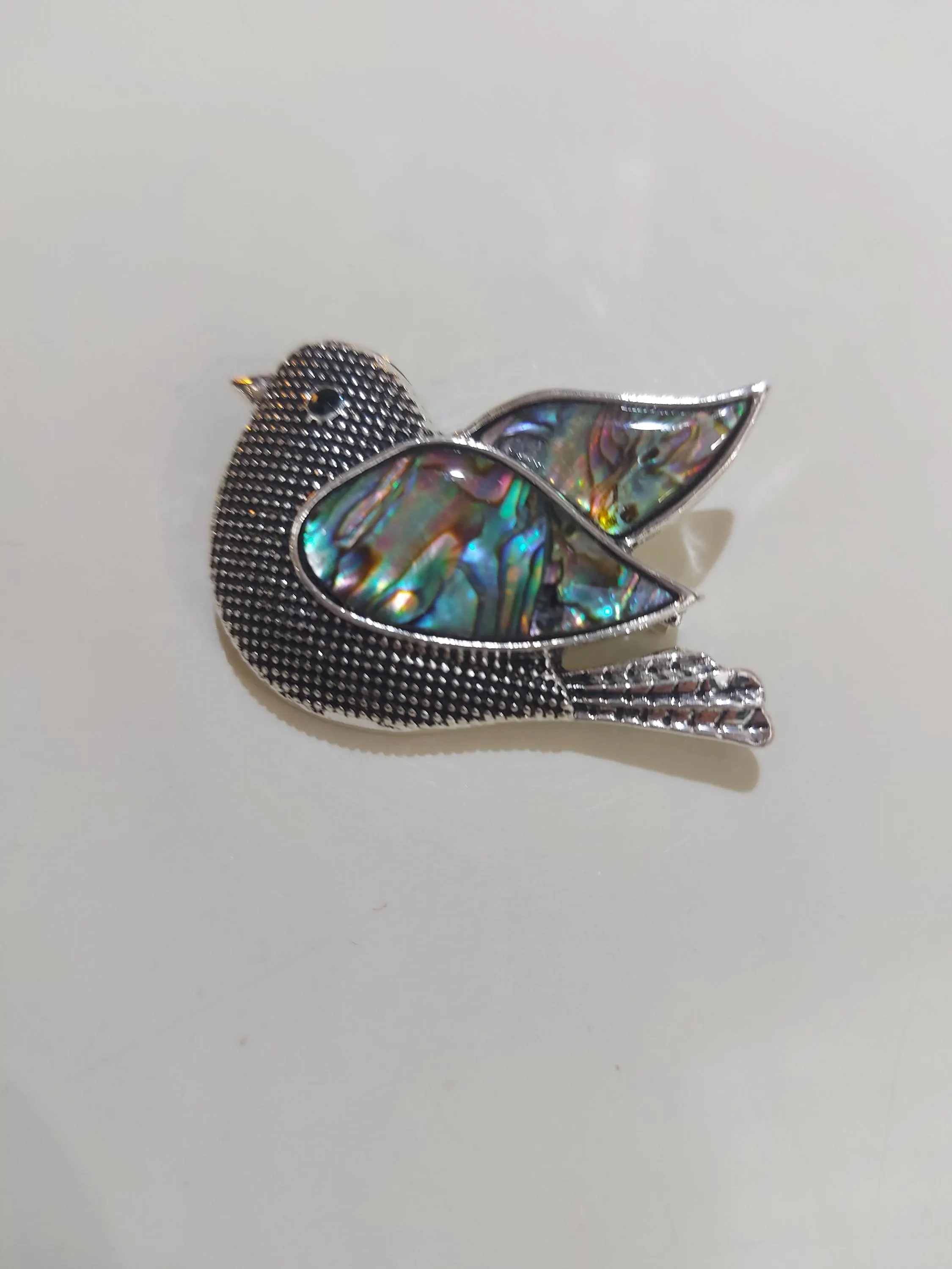 Vintage Style Bird Brooch, Abalone Shell Peace Symbol Jewelry, Green Blue Collar Brooch - image 3