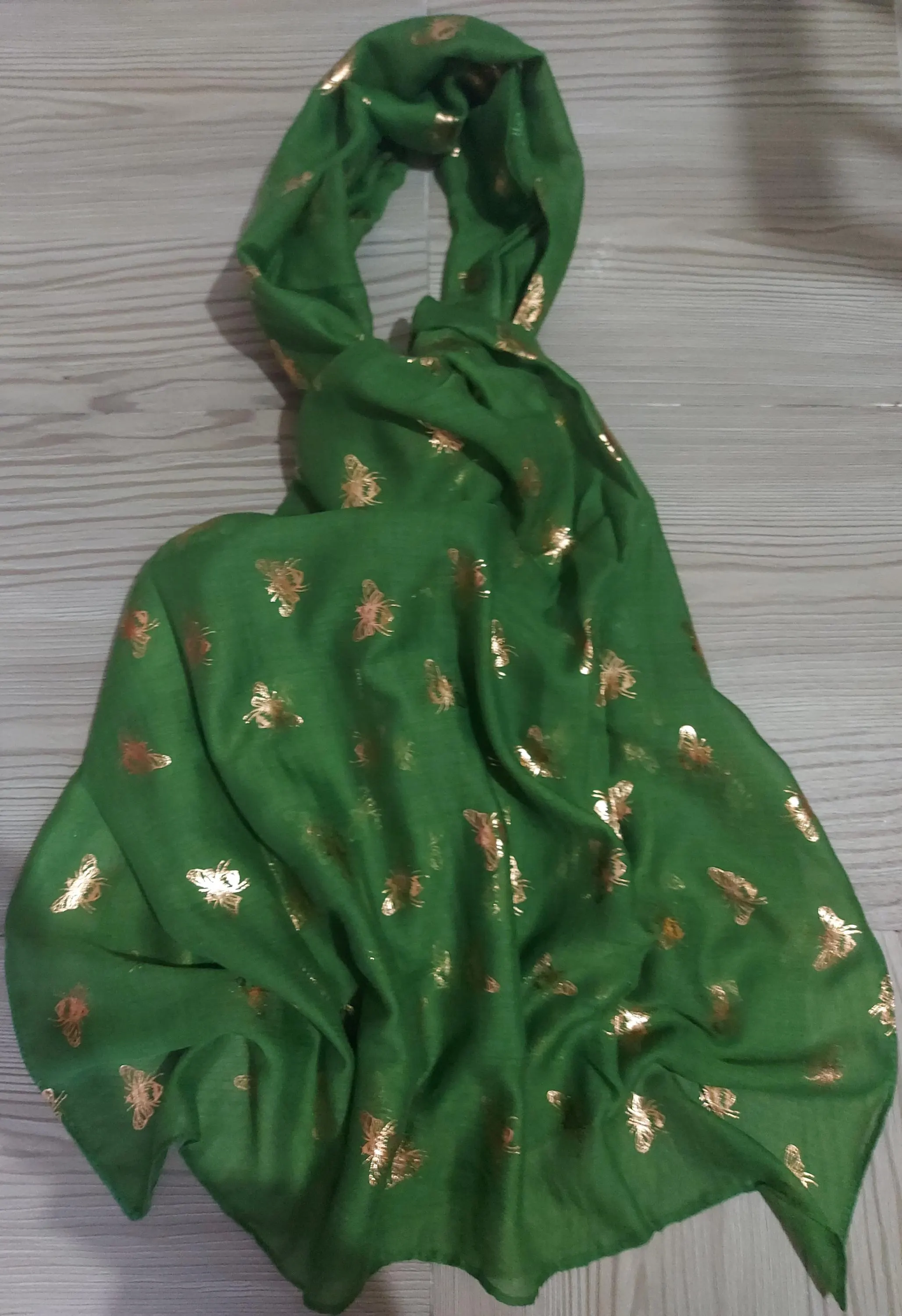 Green Gold Bee Print Scarf, Cotton Viscose Shoulder Wrap,Daily Use Glitter Bumble Honey Bee Shoulder Wrap - image 4
