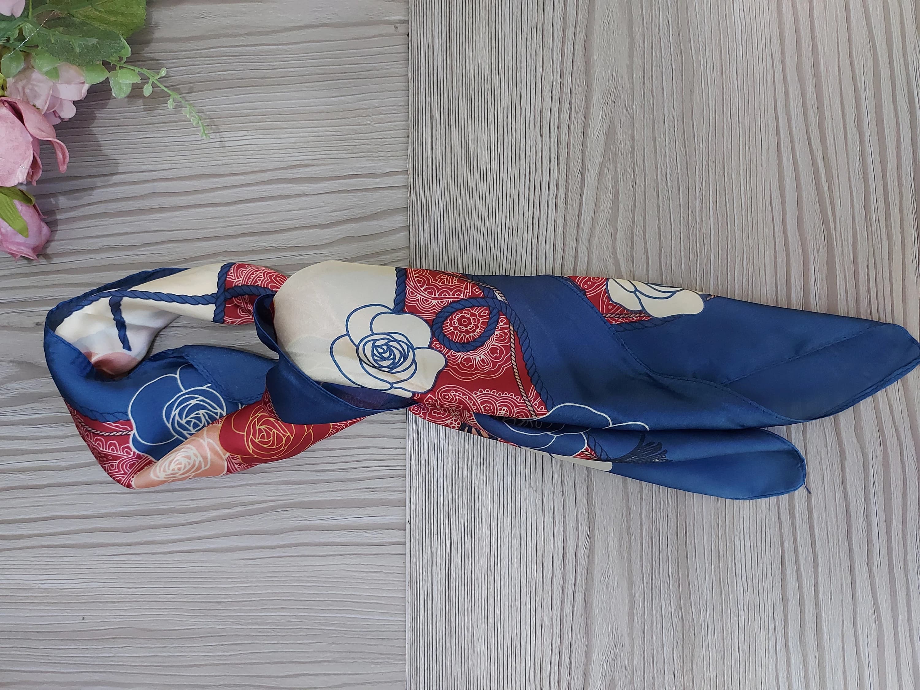 Rose Print Small Square Scarf,Blue Red Cream Faux Silk Bandana,Elegant Hair Band, Bag Charm,Great Holiday Gift Idea - image 3